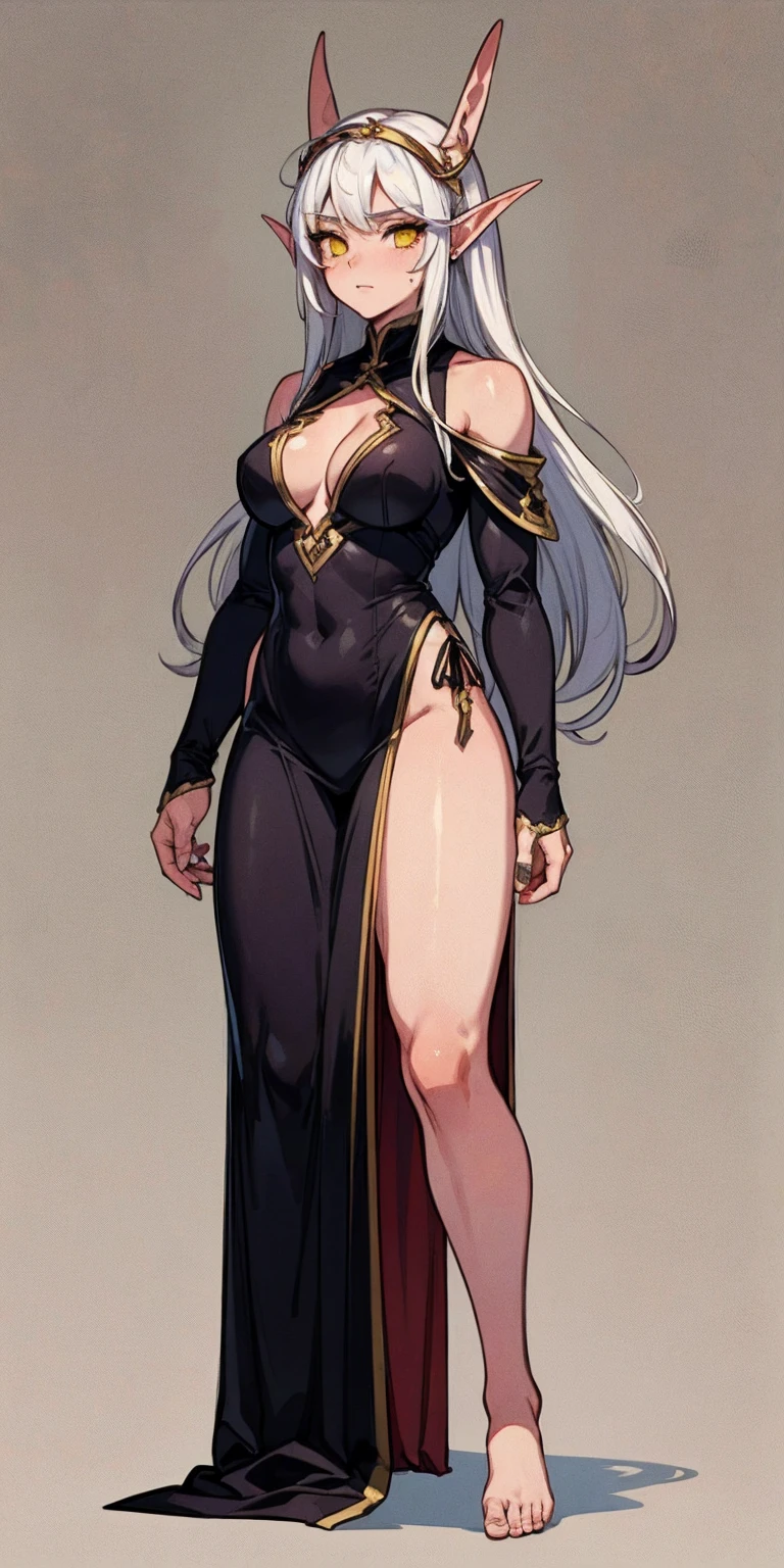 (Masterpiece, plain background:1.2) Female full body, standing straight symmetrical feet together, blood dark elf, dark skin, long messy white hair, 2longs elf ars, circlet, yellow eyes, 1990s (style), female 1sologirl