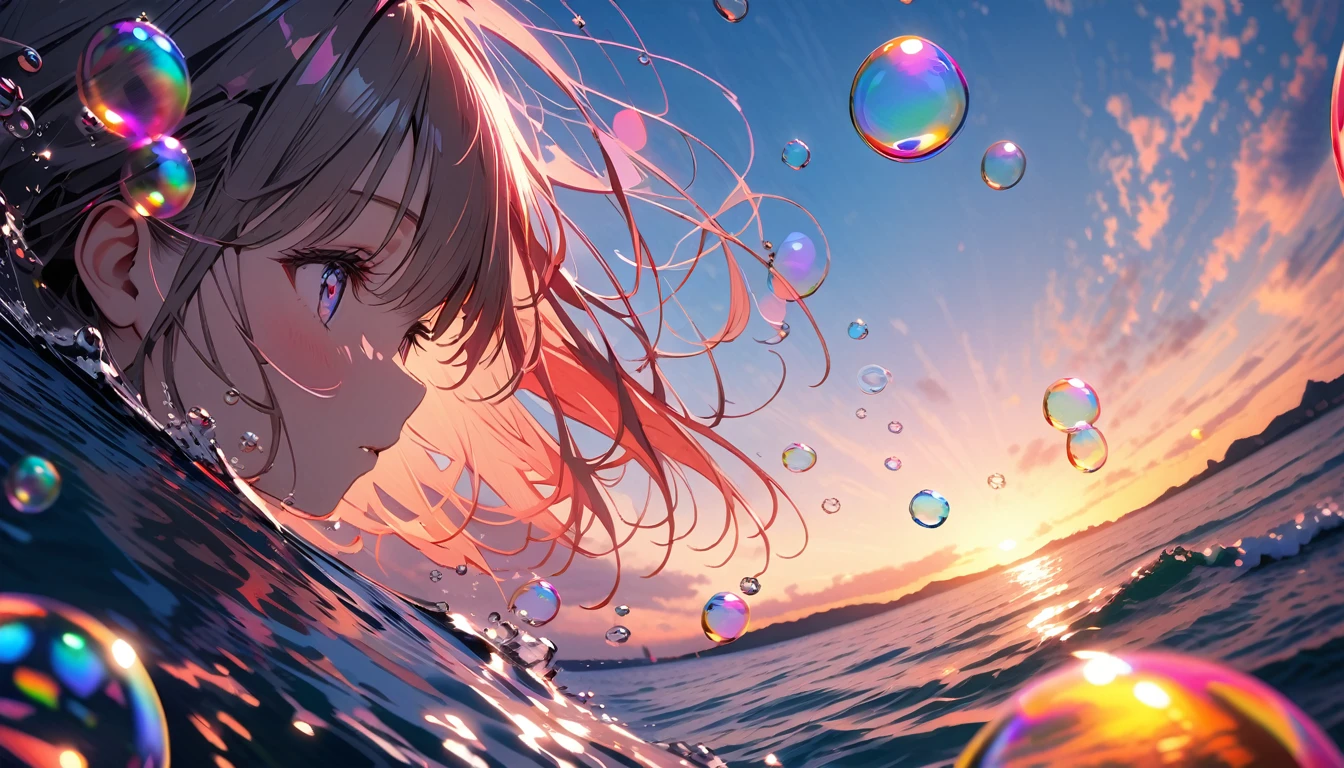 (many beautiful bubbles:1.4), BREAK ,background\(golden hour,very beautiful sea\((red:1,5)\),1knife sinking in the sea\), BREAK ,quality\(8k,wallpaper of extremely detailed CG unit, ​masterpiece,hight resolution,top-quality,top-quality real texture skin,hyper realisitic,increase the resolution,RAW photos,best qualtiy,highly detailed,the wallpaper,cinematic lighting,ray trace,golden ratio\),dynamic angle,close up bubbles