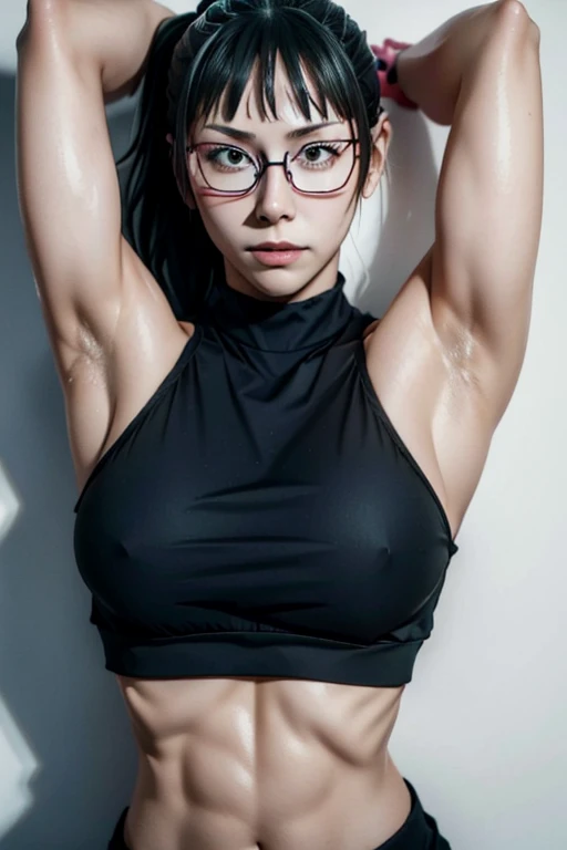 4k, masterpiece, maki zenin, jujutsu kaisen, young girl,wearing croptop, armpits, armpits visible, wearing glasses, ponytail