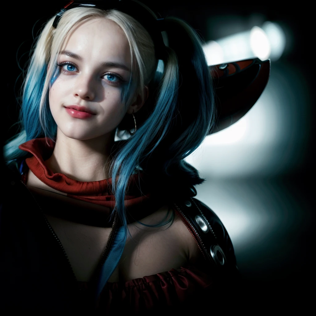 HarleyQuinn, light blue eyes, (best quality,ultra-detailed),(Realistic:1.37), beautiful and detailed face, Ultra-realistic texture, delicate face, athletic body, vivid colors. High definition, 8K, smilling expression