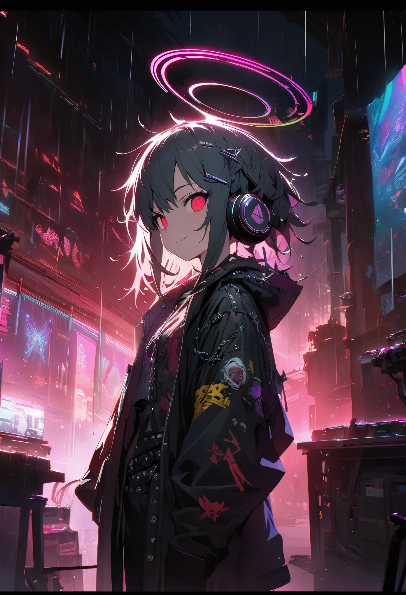 A Very detailed portrait of a solo 1girl standing on a street corner, During a rainstorm with thunder and cloudy skies, neon and cyberpunk background, she is wearing punk clothes with silver chains and silver spikes, She has butterfly-wing hair clips in her messy hair., She is wearing headphones and a tie, , Have clear pupils、Red eyes with glowing details, Ominous aura halo, smile, punk, cyberpunk, Backlight, masterpiece, highest quality, Intricate details, Absurd, chromatic aberration, Depth of written boundary, Soft lighting, Tone Map, Very detailed, Art Station, Concept Art, Smooth, Sharp focus, Dramatic lighting, Very detailed artwork, Cinematic, Art Stationでトレンド, 8k, Incredible Shadows, (Very detailed background:1.0)