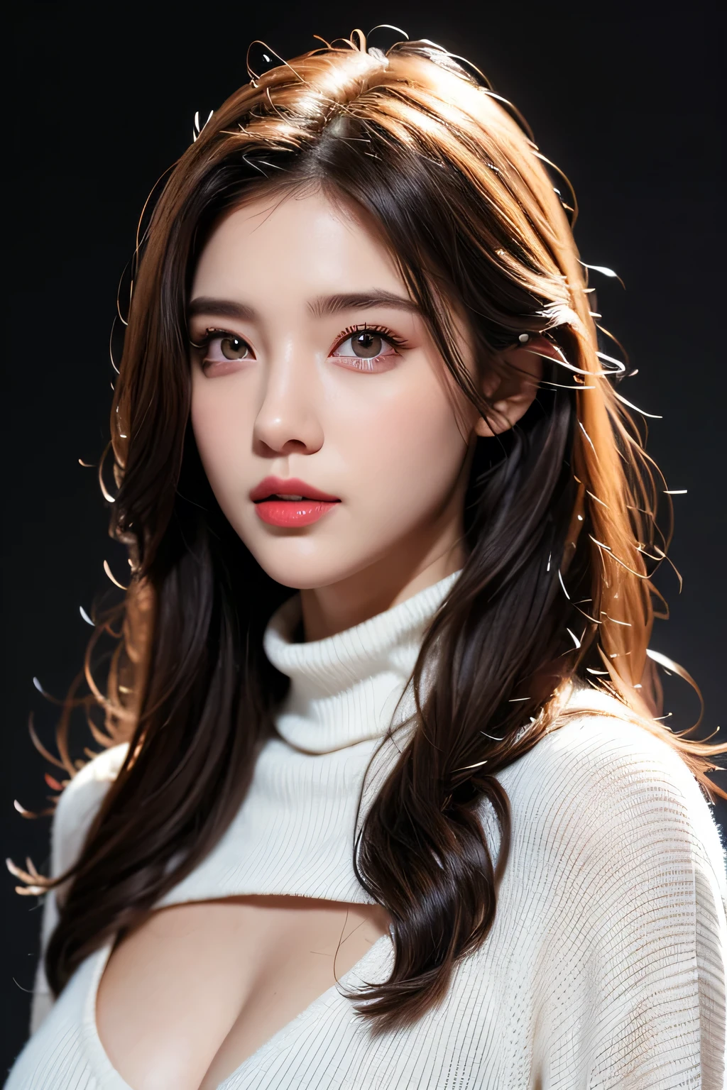 High-quality work，Realistic works，Super premium graphics，8K HD CG works，high quality graphics，High-definition and exquisite CG works，10x pixels，Ultra-fine details：1.1，Advanced technical details：1.1Realistic photo effects，Interior lighting effects：1.5，natural soft light：1.5. Light effect（Virtual light effects：1.8），Ultra-high resolution，shining dress，sliver long hair，silber hair，transparenthair，high detailed hair（Quality hair details：1.1）Clear eyes，Double eyelids look good，Sharp eye makeup, Create exquisite eyelash makeup, tthin eyebrows, Ultra-detailed eyes，a tall nose, lovely red lips, rosey cheeks, With delicate makeup on her face , pretty face, The face shape is perfectly proportioned,（Advanced facial details：1.1）1girl,solo,realistic,looking at viewer,brown hair,turtleneck,simple background,lips,sweater,portrait,closed mouth,turtleneck sweater,coat,white background,，Women's artwork，Dress full body video，Reality，Amazing Cleavage，My eyes are very bright today
