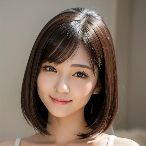 8k、highest quality、Cute face、Very detailed、High resolution、8k、Small breasts、Thin lips、Detailed face、Cute Smile、Cute Japanese Woman、Cute 24 year old beauty、Beautiful and elegant face、Cute Face、Natural Bangs、Arched eyebrows、Shaped eyebrows、(big, Balanced Eyes)、Cute eyes、Beautiful thin nose、Beautiful Skin、Medium Bob Hair、Natural Bangs、Slim face、Slim figure、(happinessそうな表情で正面を見て)、Flat lighting、Bright lighting、Professional Lighting、Forward lighting、A kind smile、Facial Lighting、fun、Happy、happiness、Fair skin、