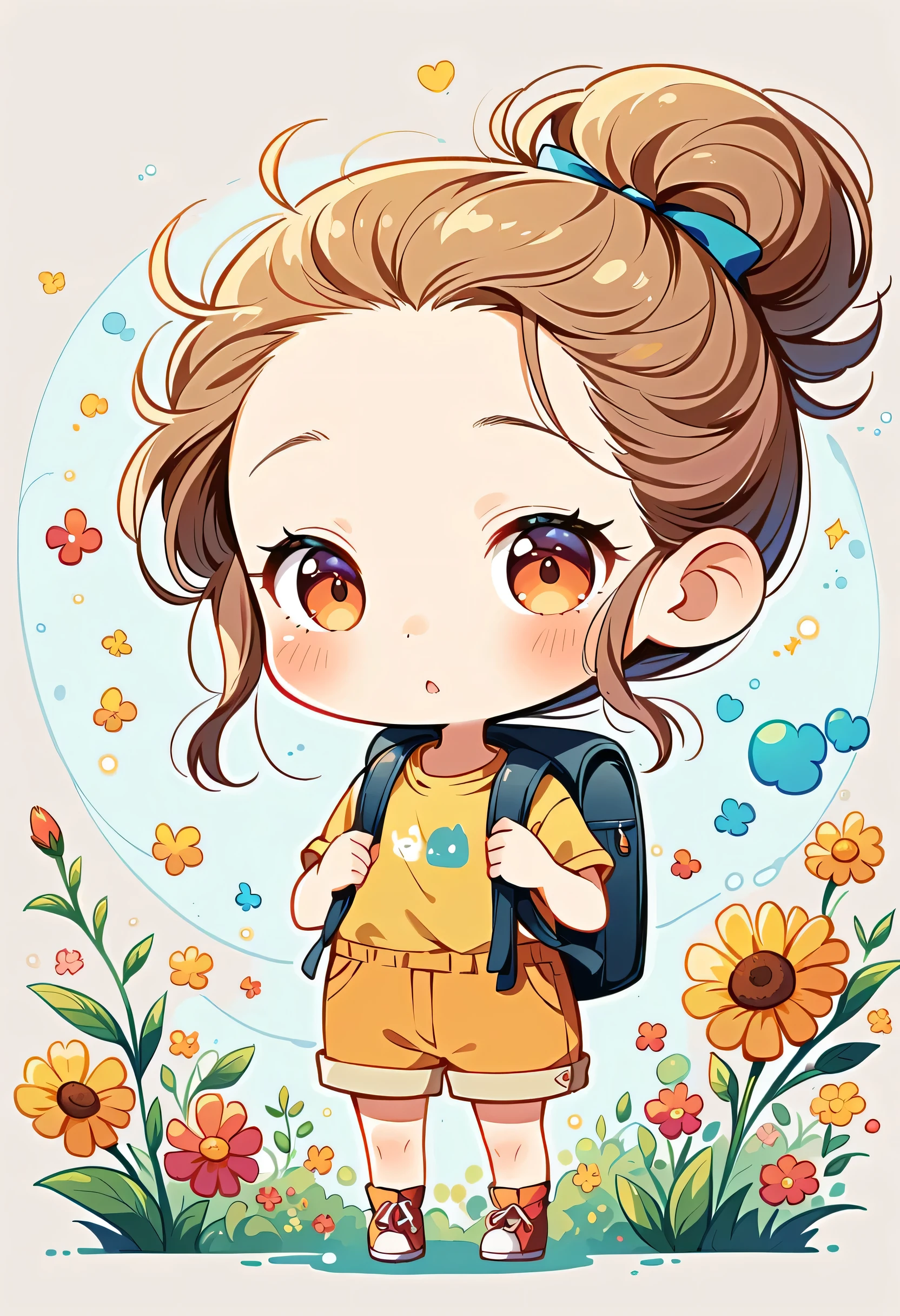 Yomu style, Standing on the roof,Girl with backpack on rooftop,My backpack is full of happy spring,Simple Line Initialism,Abstract art,Urban Background, (((The most beautiful girl))), (((chibi)))