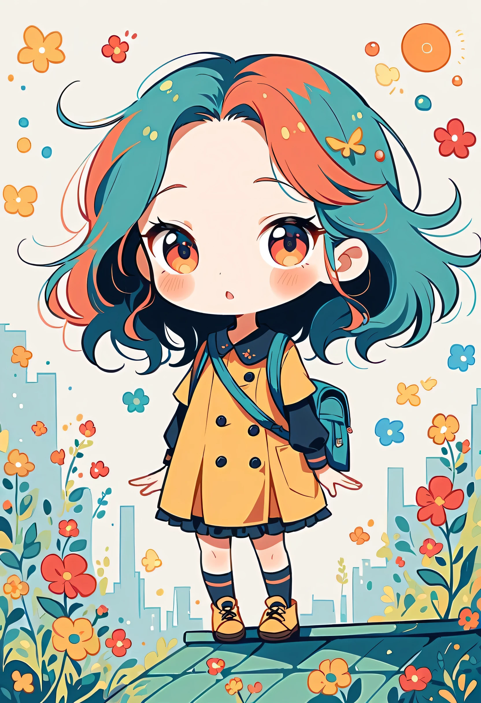 Yomu style, Standing on the roof,Girl with backpack on rooftop,My backpack is full of happy spring,Simple Line Initialism,Abstract art,Urban Background, (((The most beautiful girl))), (((chibi)))