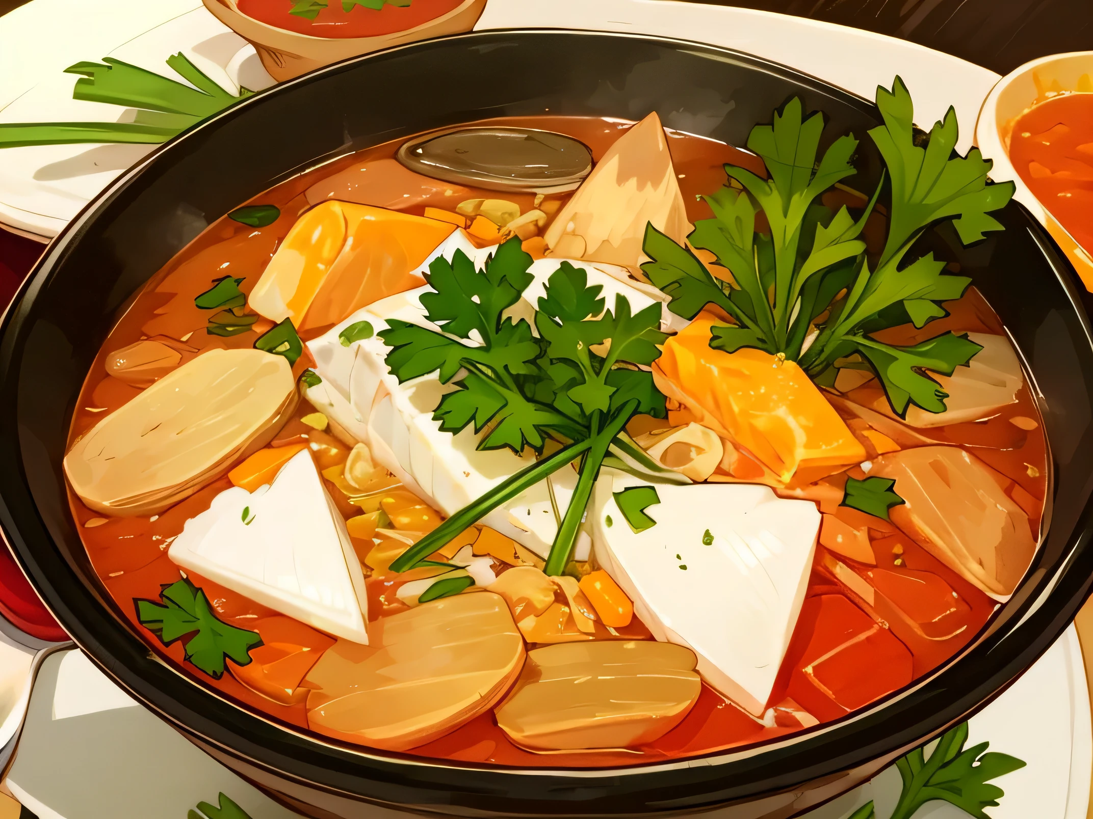 fish soup, roots, red soup, water parsley, green onion