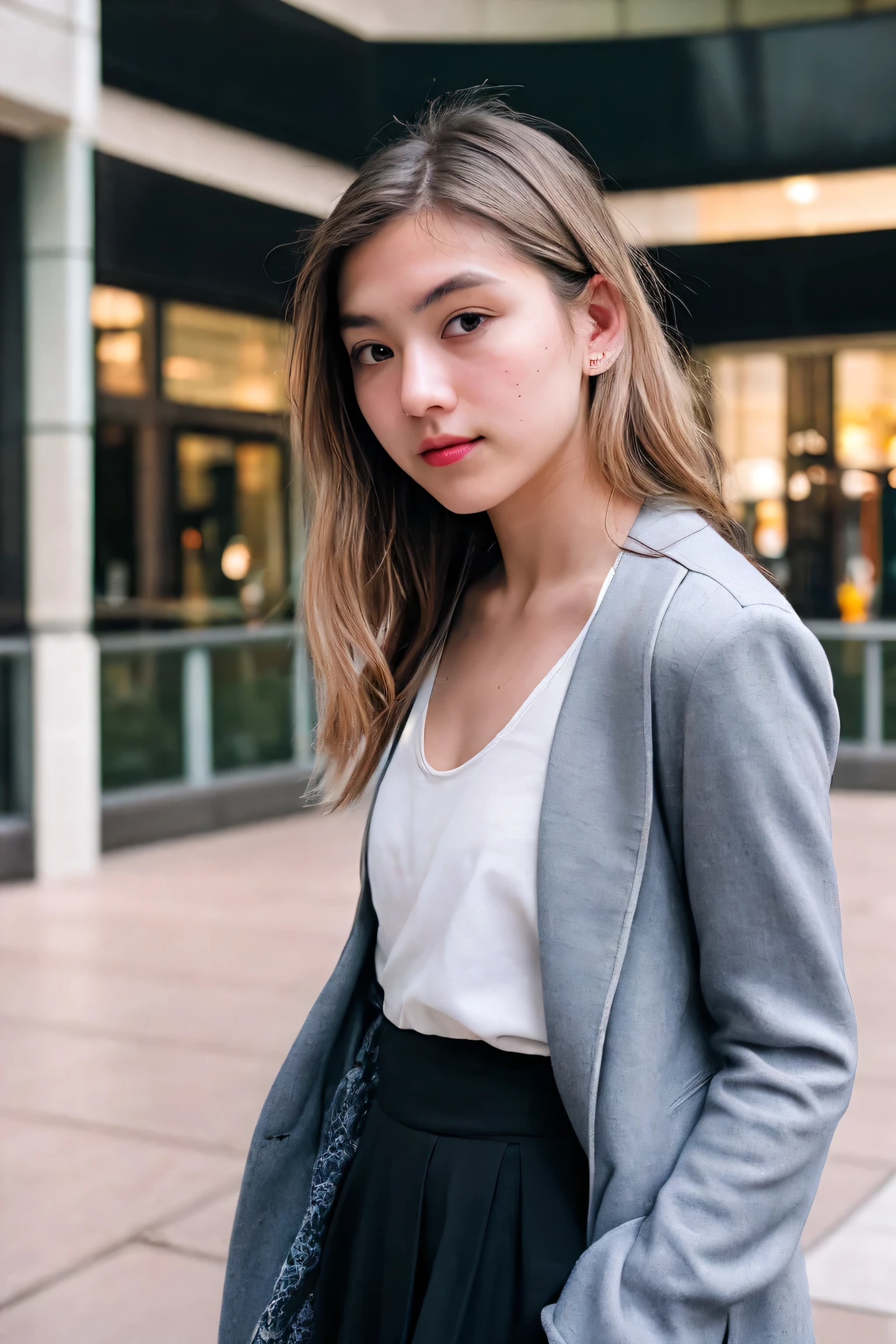 Portrait, shot on leica, shadowplay, gorgeous lighting, subtle pastel hues, mall ,fashion female,solo