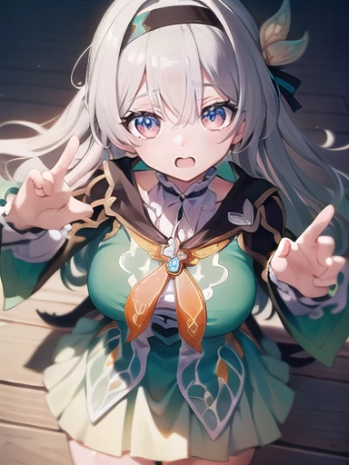 (masterpiece:1.3),((High resolution)),((high quality)),((Super detailed))、One girl、Perfect balance、Perfect Face、Detailed face、Cute Face、Beautiful detailed eyes、Expressive eyes、Cute eyes、Shiny eyes、Perfect body、Beautiful body、honkaiFirefly, Firefly, (Purple eyes:1.3), Grey Hair, 蝶のhair ornaments, hair ornaments, Hair intake, Long Hair, (Bright Eyes:1.5),  shoes下, 青色のdress, 青色のshoes下,((Large Breasts)) ((Orange ribbon scarf))、dress, shoes, shoes下, ツートーンdress, ツートーンshoes下, ホワイトdress, Long sleeve, hair band, 外でrest, 視聴者を見ながらrest, (Cowboy Shot:1.5), smile, rest, (masterpiece:1.2), 最high quality, High resolution, Unity ,8k ,wallpaper, (shape:0.8), (美しいfine grain:1.6), 非常にDetailed face, Perfect lighting, Extremely detailed CG, (Perfect hands, Perfect Anatomy), rest 、((masterpiece,最high quality)), Very detailed, Shine, Shine光, Ray Tracing, (Perfect Face, Detailed face, fine grain, Perfect hands, Perfect Fingers:1.5), High resolution, とってもCute Face, 最high quality, Very detailed, Shine目, (最high qualityの写実的なイラスト), (Super quality), (Cute illustrations:1.3), (High chroma:1.3),, Beautiful and exquisite face and eyes, Dynamic Lighting, (Very delicate and beautiful), (Nice hands), (Perfect hands:1.4), Very detailedなイラスト, Sitting、From above