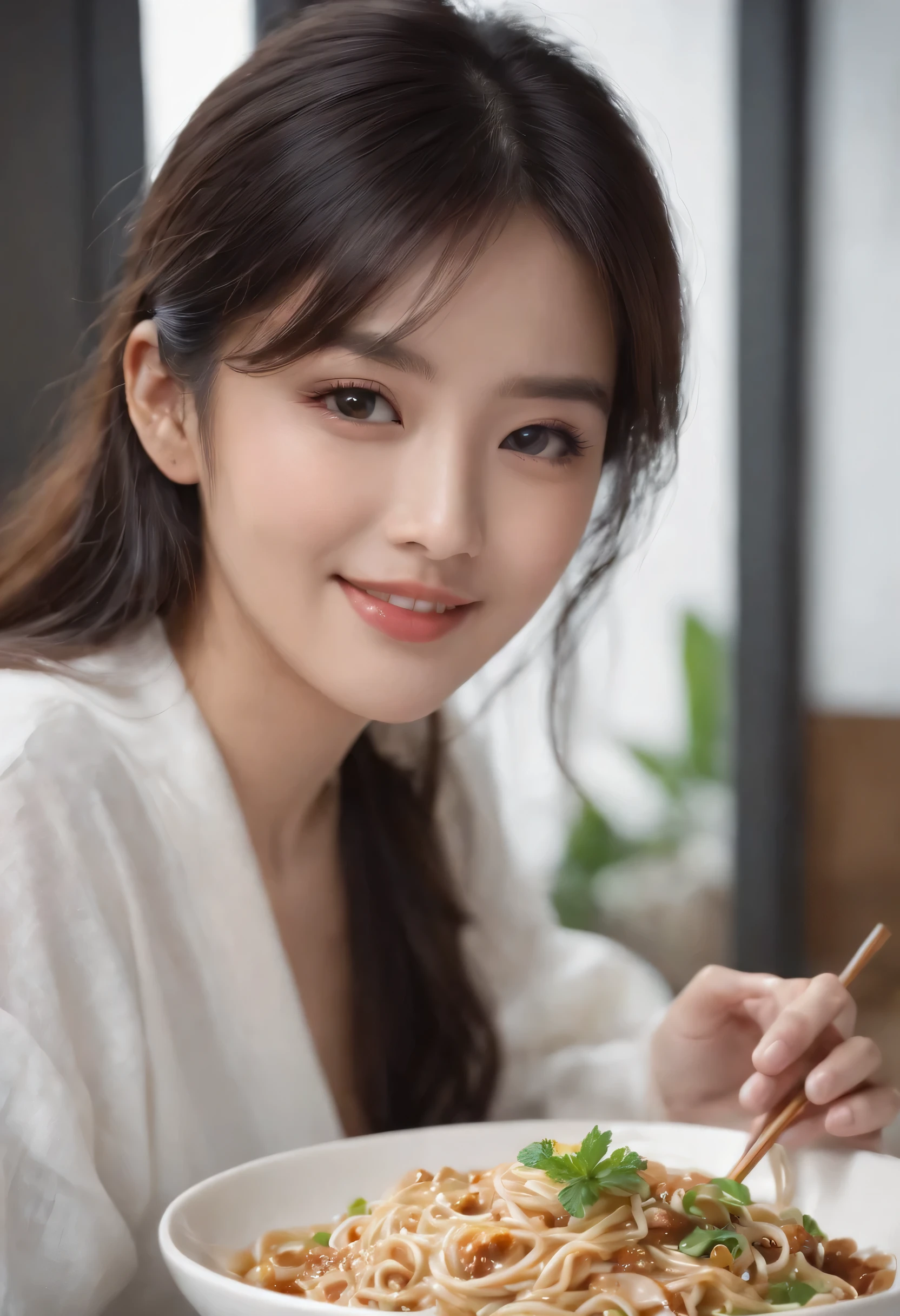 8k,Professional Shadow、Fine details、Real Skin、Sharp focus、Eye focuasterpiece、highest quality、Realistic details、Clear images、Hentai Realism、High resolution、Smiling beautiful Asian woman eating noodles、22 years old、Medium Black Hair,Female college student、How to hold chopsticks、Kind eyes、Plain background
