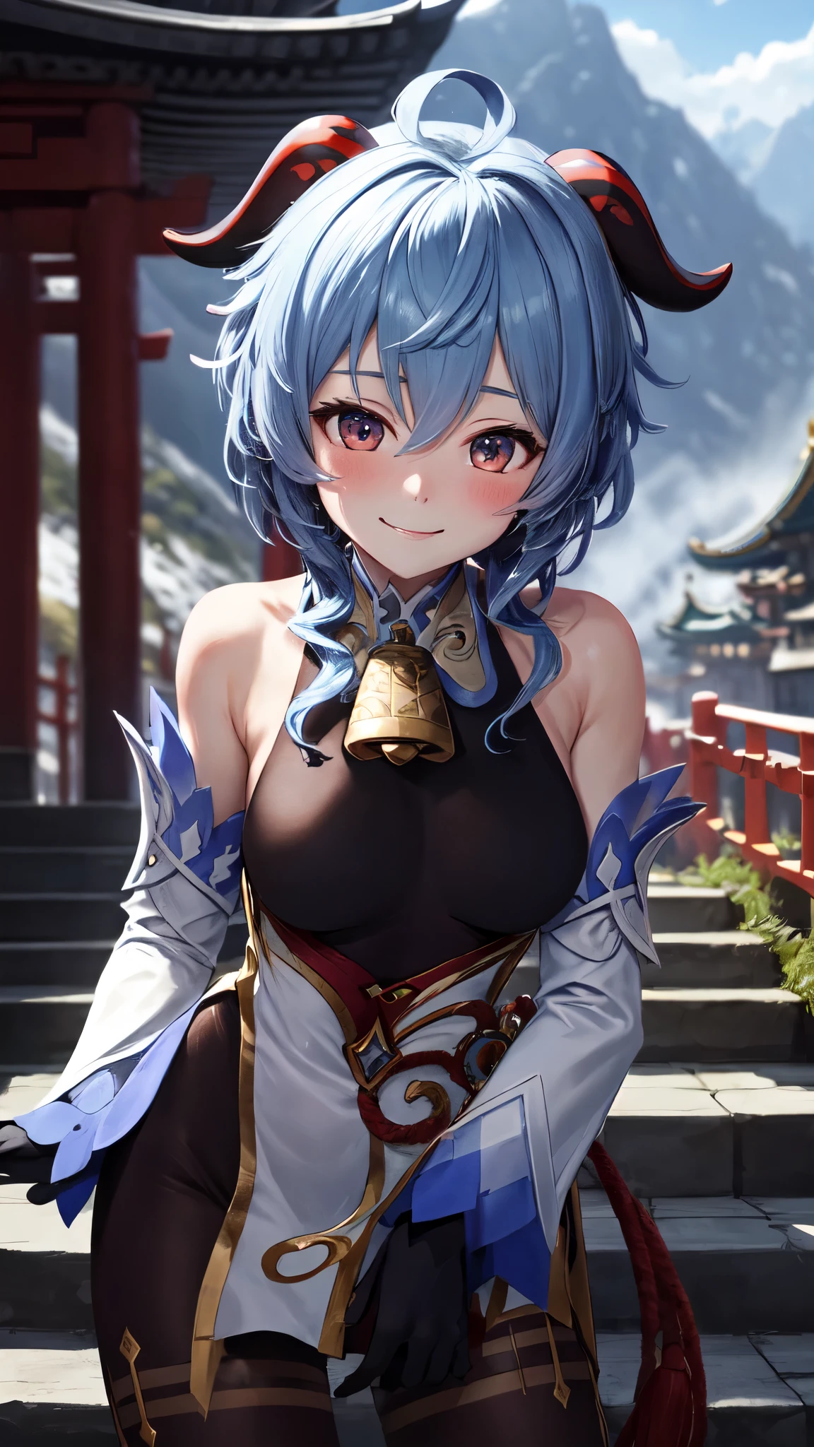 ganyudef, upper body, smile, blush, outdoors, day, simple background, blue sky, short hair, sky, temple, looking at viewer, stairs, mountain, moody lighting,
