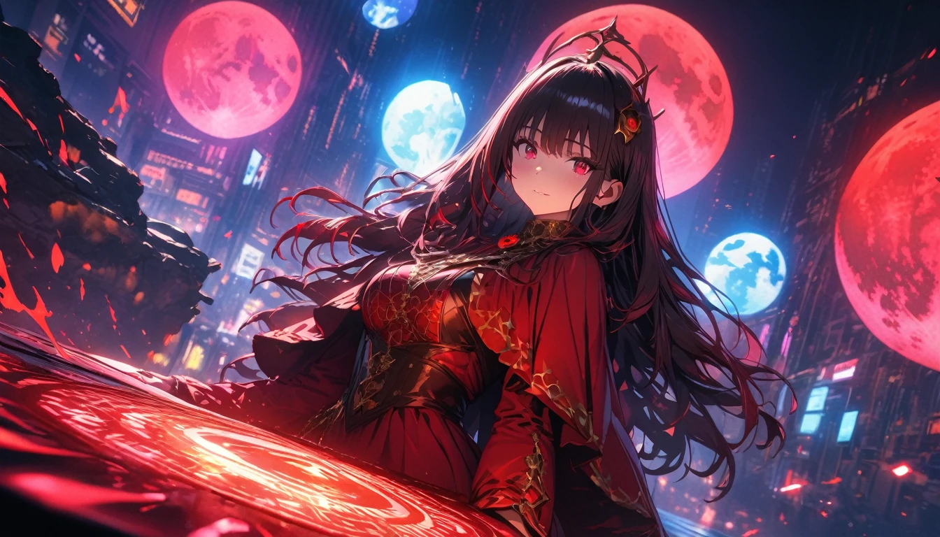 A red necromancer, blood moon, ray tracing, masterpiece, best quality, ultra quality, absurd details, best light, best shadow, sharp, sharp image, detailed, extremely detailed, great resolution, 8k, 4k, uhd, particle effects, beautiful effects, vivid colors, neon light, neon, light,