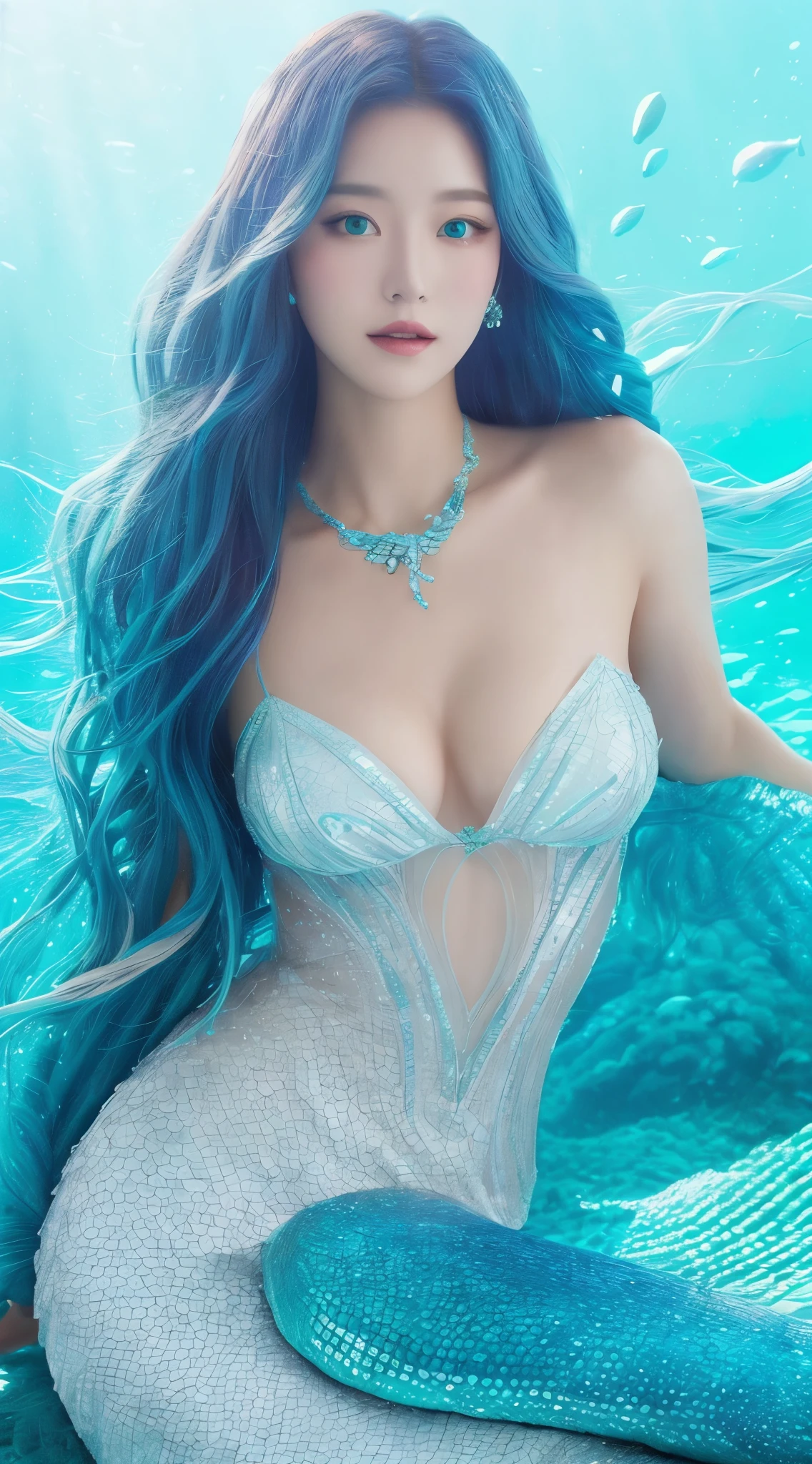 (RAW shooting, 16k, highest quality, masterpiece, Ultra-high resolution), (Under the sea at night:1.0, moonlight:0.7, Mysterious underwater world:1.2, Expressions of sadness:1.0), Fractal Art:1.2, Perfect dynamic composition:1.2, 非常にdetailedな肌と顔の質感:1.2, (Viewing the subject from a distance:1.2, Dynamic flow of water waves:1.0, mermaid figure:1.0, Mermaid tail), Fair skin, Incredibly slim body:1.2, Very beautiful face, Water droplets on the skin, detailed, Rain drips down on my body, Wet body, Wet Hair, Swimming Pro:1.0, Gorgeous silver shiny mermaid dress, Big eyes that exude beauty, Beautiful big lips, Very sweet atmosphere, necklace, Earrings, bracelet, Coral Reef