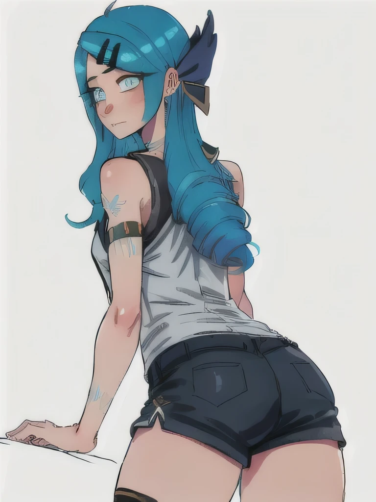 girl, Blue eyes, blue hair, gwen \(League of Legends\), in leather shorts and top, hair ornament, a high resolution, League of Legends, long hair, pink pupils, X, X hair ornament, rear