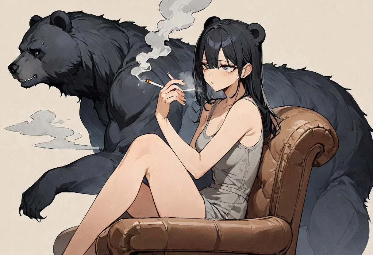 girl, Long black hair, Dark Bear, Sleepy eyes, Cartilage Piercing, high quality, Fair skin, Sitting in a chair, detailed, Smoke a cigarette, Drifting Smoke, Accompanied by the Smoke Beast, Low saturation , An illustration, Fine Lines, fine detailed,whole body