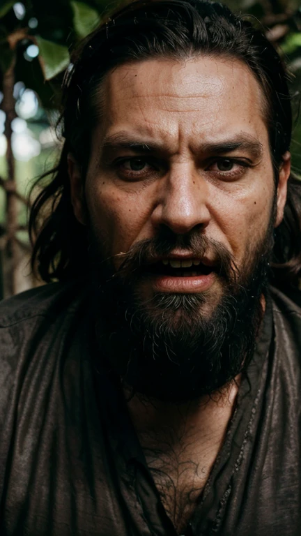 A older man,  short waive black hair, screaming, looking directly at camera, dark eyes, strong jawline, in a jungle, cinematic composition, photorealistic, 8k, high quality, award winning, fear face, detailed fear face, runing for hes life, latin american, ripped clothes, smoky atmosphere,  ultra realistic, worn clothes , fearfulness, fear face,detailed fear on hes face, screaming , looking at the camera, high resolution, absurd resolution, scary face, long black beard, facial hair, detailed long black bearded, smoky atmosphere, detailed atmosphere,long viking style black beard, long beard, scared, terror, scary movie scenery, long facial hair, dirty face, highly detailed long beard, dark, detailed scared face, wrinkles, smoking a cigar