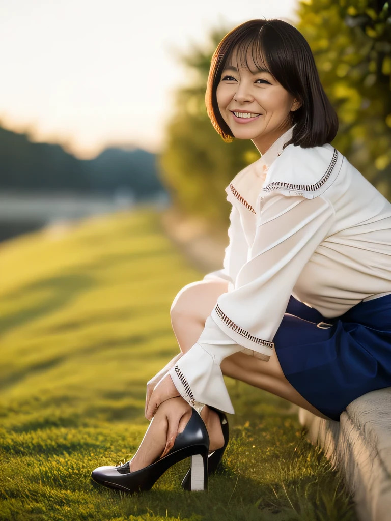 ((highest quality)), ((8k)), ((masterpiece: 1.3)), (Photorealism: 1.6), (A Japanese woman walking along the riverbank), (Outdoor), (Beautiful view of the river bank: 1.4), (Basking in the sunset from the side), (Precise appearance), (Blurred Background: 1.8), Japanese Mature, (58 years old), ((Realistic skin texture)), (Fine wrinkles appear all over the skin: 1.0), Dullness, Unmoisturized skin, Facial wrinkles, Wrinkles around the eyes, (double eyelid: 1.0), Crying Mole, Her lips are slightly open, She is smiling gently with the corners of her mouth raised, Dimples, Short bangs, short hair, Soft fabric blouse, Wide sleeves, (The cuffs are buttoned to fit snugly around the wrist: 1.2), (The bottom of the blouse is tucked into the skirt: 1.2), flare skirt, High heels, Small breasts, Small nipples, (whole body), (Angle from the feet: 1.4),