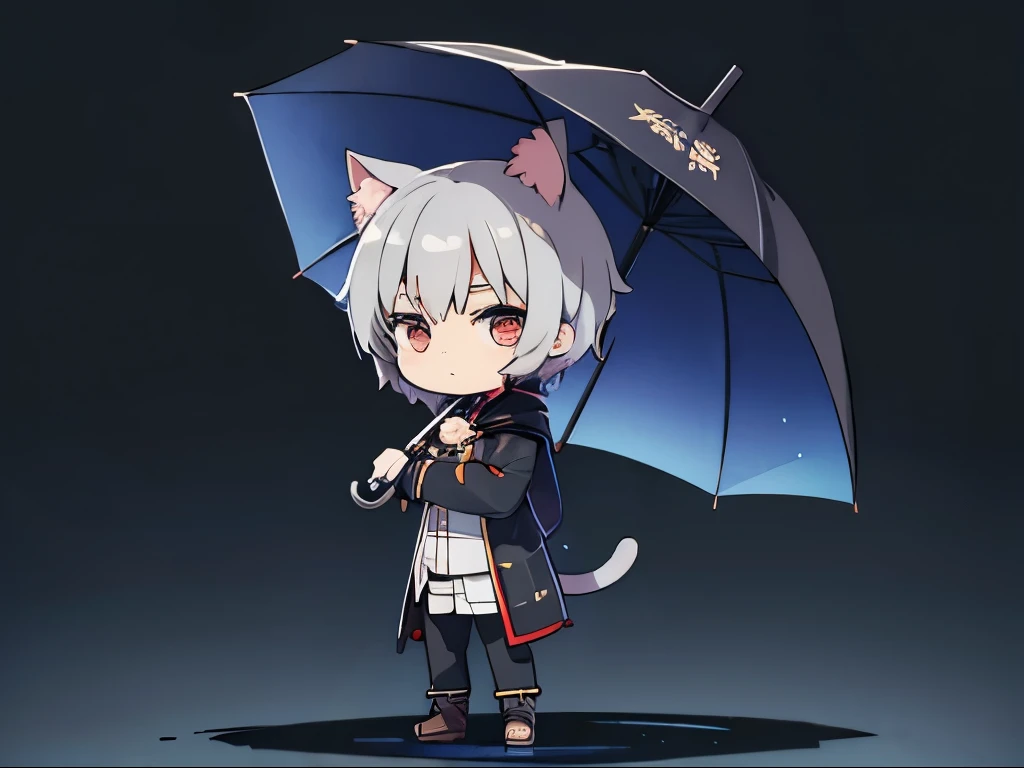 (chibi:1.3)，rain，umbrella，whole body，after that，masterpiece, A world where magic and technology coexist, Cat Eared Man(Gray Hair, short hair) ，boy，Hone your skills，Let&#39;s go on a journey to uncover the secrets of power., Beautiful Eyes，depicted in detail. The magician makes the most of the potential of his abilities.，We must learn how to unlock the true potential of modern magic，masterpiece, Cat Eared Man，Gray Hair, short hair)，depicted in detail，