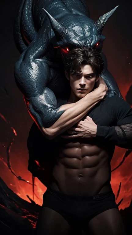 Generate an image of a handsome man being tightly embraced by a terrifying demon who desires to possess him completely. The scene is depicted with minimal background, focusing solely on the intense and frightening embrace between the two figures.
