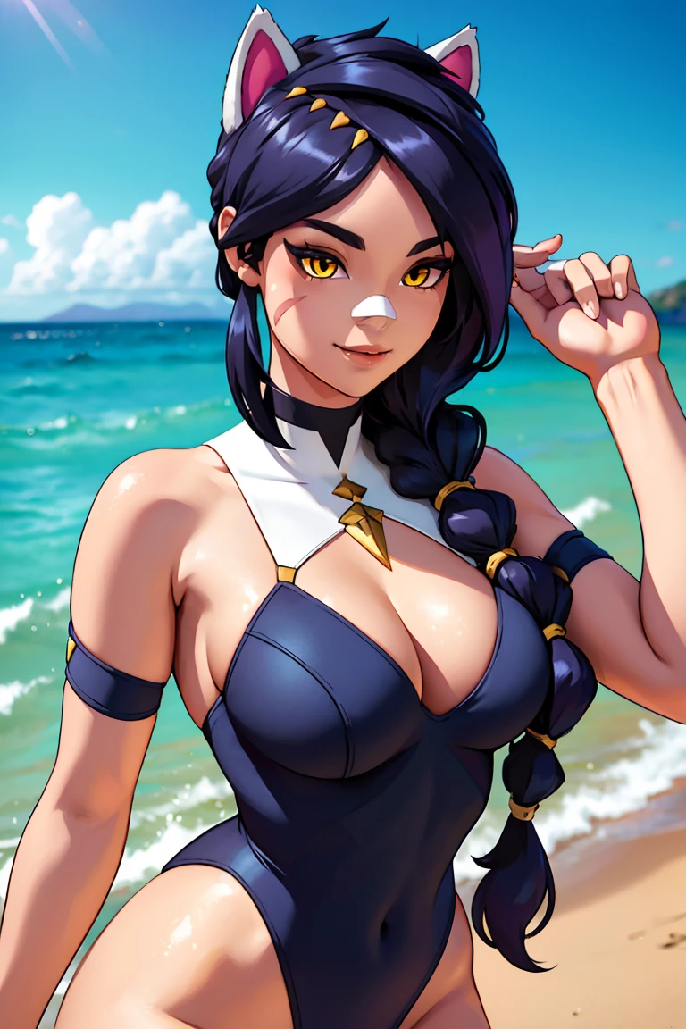 Erisa, 1girl, solo, long hair, looking at viewer, black hair, bandaid on face, yellow eyes, animal ears, smile, bandaid on nose, braid, cat ears, bandaid, bangs, breasts, fake animal ears, simple background, fang, bare shoulders, scar, bare shoulders, closed mouth, hair over one eye, portrait, hair over shoulder, legs, seductive, bathing suit, 2 piece swimsuit, beach, realistic, highly detailed face, detailed eyes, best quality, masterpiece, ultra detail, ultra high res, extreme detail, 8k, uhd, voluptuous