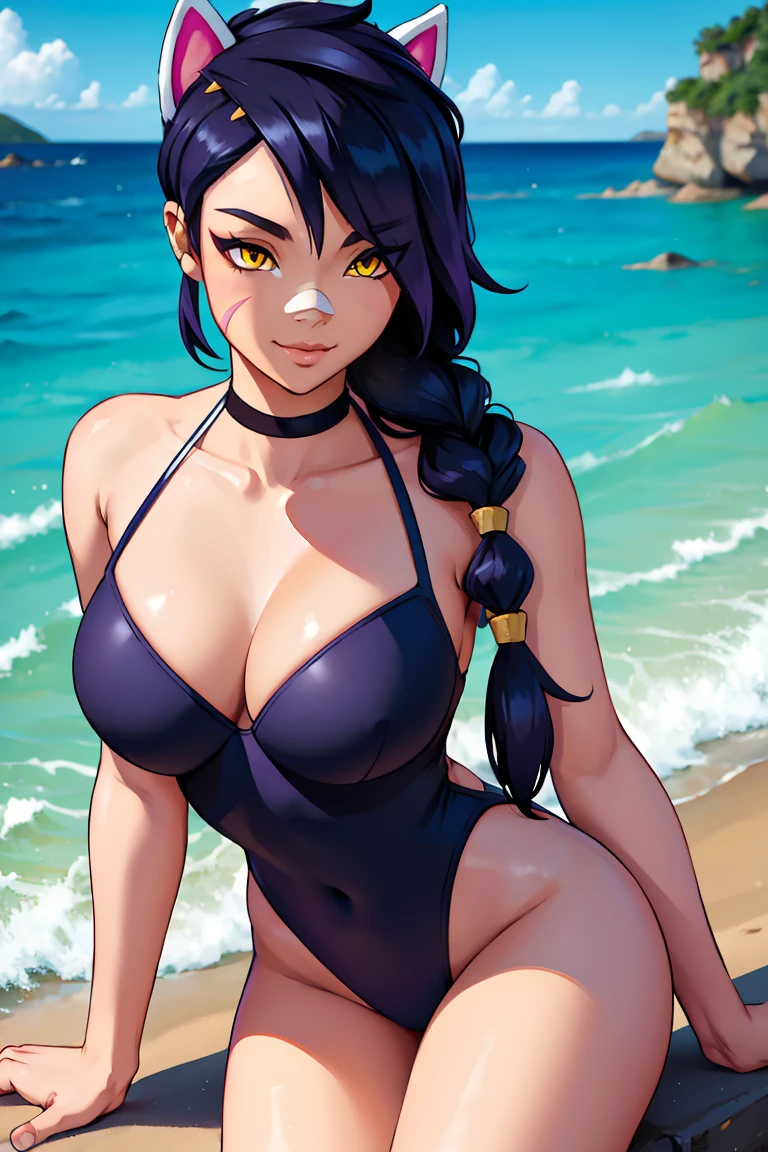 Erisa, 1girl, solo, long hair, looking at viewer, black hair, bandaid on face, yellow eyes, animal ears, smile, bandaid on nose, braid, cat ears, bandaid, bangs, breasts, fake animal ears, simple background, fang, bare shoulders, scar, bare shoulders, closed mouth, hair over one eye, portrait, hair over shoulder, legs, seductive, bathing suit, 2 piece swimsuit, beach, realistic, highly detailed face, detailed eyes, best quality, masterpiece, ultra detail, ultra high res, extreme detail, 8k, uhd, voluptuous