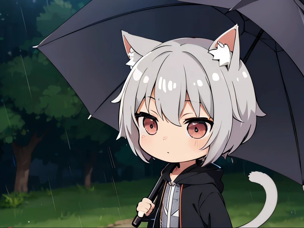 (chibi:1.3),rain,umbrella,whole body,after that,masterpiece, A world where magic and technology coexist, Cat Eared Man(Gray Hair, short hair) ,boy,Hone your skills,Let's go on a journey to uncover the secrets of power., Beautiful Eyes,depicted in detail. The magician makes the most of the potential of his abilities.,We must learn how to unlock the true potential of modern magic,masterpiece, Cat Eared Man,Gray Hair, short hair),depicted in detail,