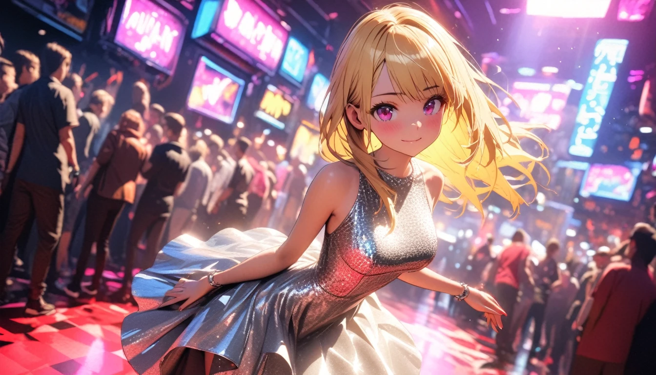 a beautiful young woman with long blonde hair and a cute face, wearing a sparkling silver dress, standing alone in a crowded nightclub with neon lights and a vibrant atmosphere, epic and cinematic in style, high quality octane render, ultra HD, depth of field