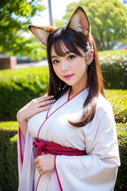 girl、White kimono、kimono、Brown fox ears、Big tail、Big Breasts、Real Image