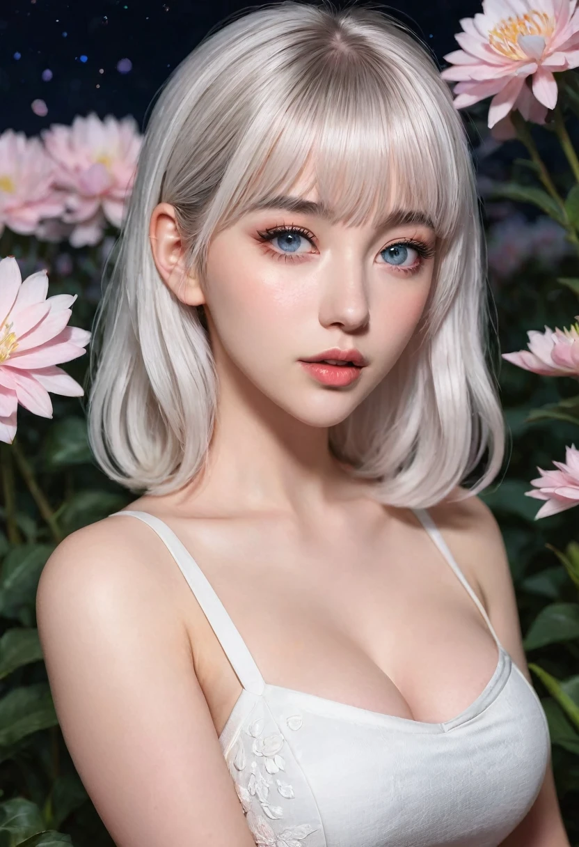 realistic, 1girl, white hair with bangs, beautiful eyes, busty, crop top, pencil skirt, parted lips, blush, night, flowers, 