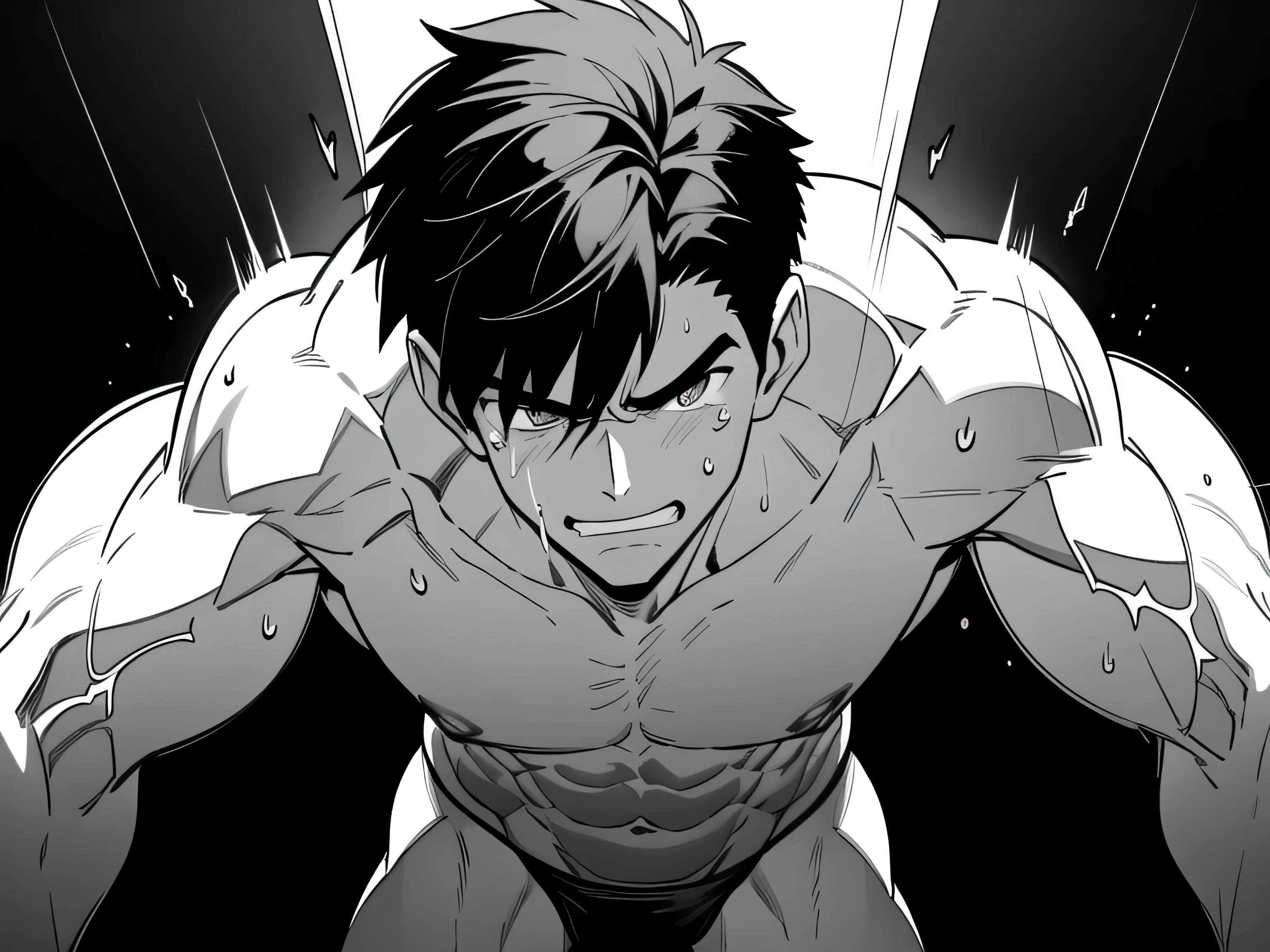athletic male, (evil smirk), imminent sex, arms toward viewer, muscular male, muscular back, muscular chest, large pectorals, (sweating), tears, condensation on skin, black thong, dark, square light above, ((black and white line art)), ((thrusting quiver motions)), cocky look, sexy, young, simple abs