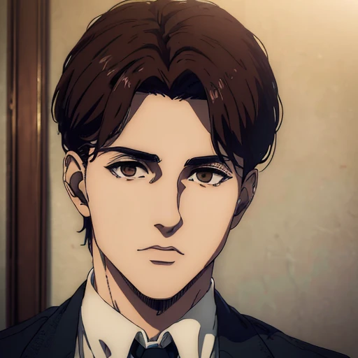 (best quality,4k,8k,highres,masterpiece:1.2),ultra-detailed,(realistic,photorealistic,photo-realistic:1.37), young male , mappa art style, heart-shaped face, brown eyes , dark brown hair with Korean curtain cut, he is slim, he looks handsome, sharp jawline, he is wearing grey suit, vibrant color,