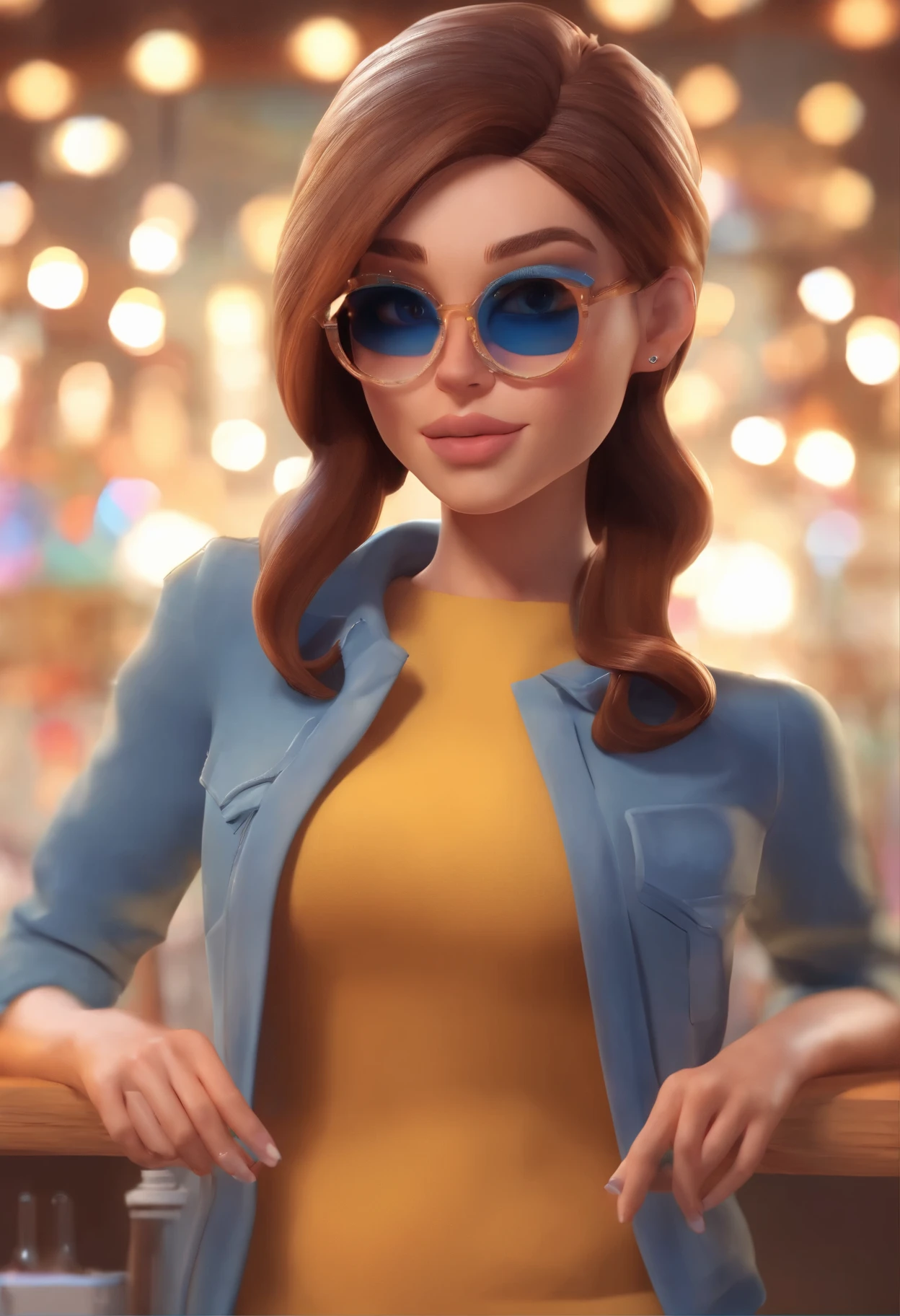 An illustration of a young female manicurist with light brown eyes and straight brown hair, con tez clara y porta lentes de armason negro, tambien tiene unos cuantos tatuajes.Desarrolla este arte en Full HD, Focus on your cinematic touch, Estilo bratz.