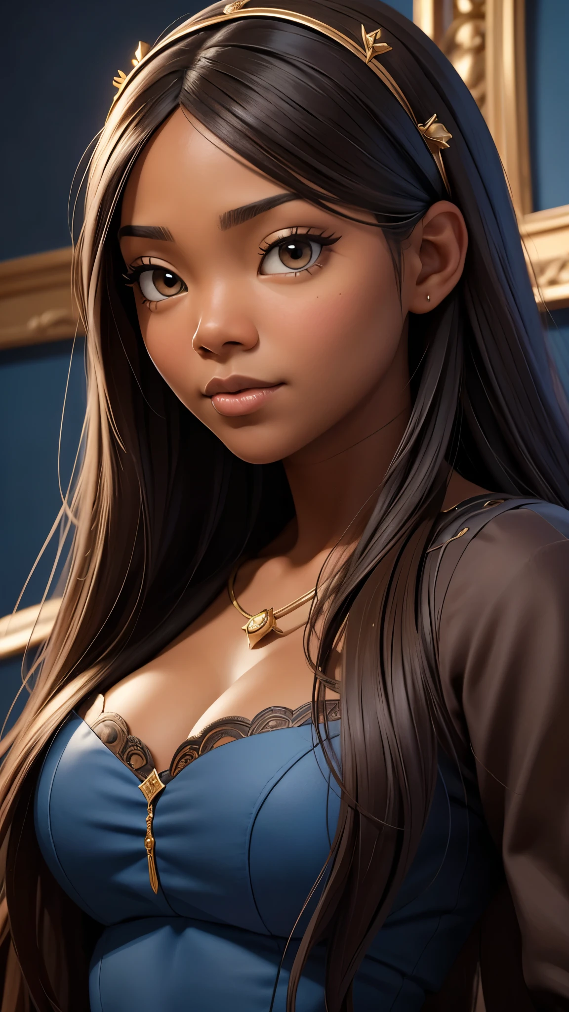 oil painting by Leonardo da Vinci, realistic portrait, closeup face of Gabrielle Union with dark skin, ebony nose, long hair, her eyes are sweet and vibrant, her face symmetrical, rich coffee brown skin, soft torch luminosity on the face by REMBRADT, Adobe Illustration, Trending on Artstation, 8K, hd, cinematic, masterpiece, magnificent art, best quality, romanticism Renaissance period, oil on canvas, rich blue background 