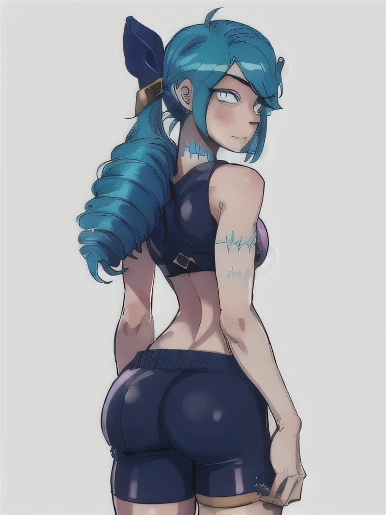 girl, Blue eyes, blue hair, gwen \(League of Legends\), in cycling shorts and top, hair ornament, a high resolution, League of Legends, long hair, pink pupils, X, X hair ornament, rear