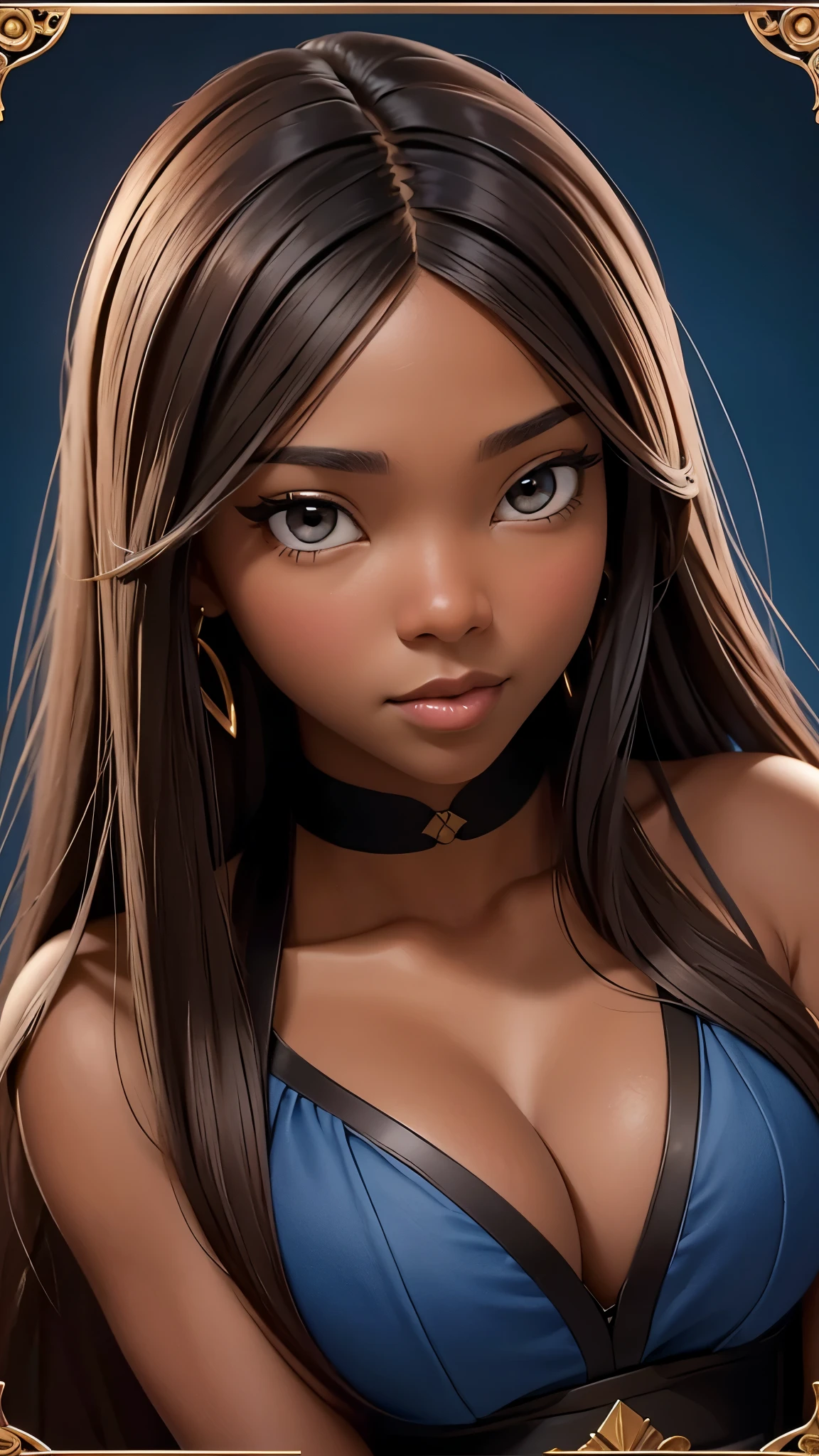 oil painting by Leonardo da Vinci, realistic portrait, closeup face of Gabrielle Union with dark skin, ebony nose, long hair, her eyes are sweet and vibrant, her face symmetrical, rich coffee brown skin, soft torch luminosity on the face by REMBRADT, Adobe Illustration, Trending on Artstation, 8K, hd, cinematic, masterpiece, magnificent art, best quality, romanticism Renaissance period, oil on canvas, rich blue background 