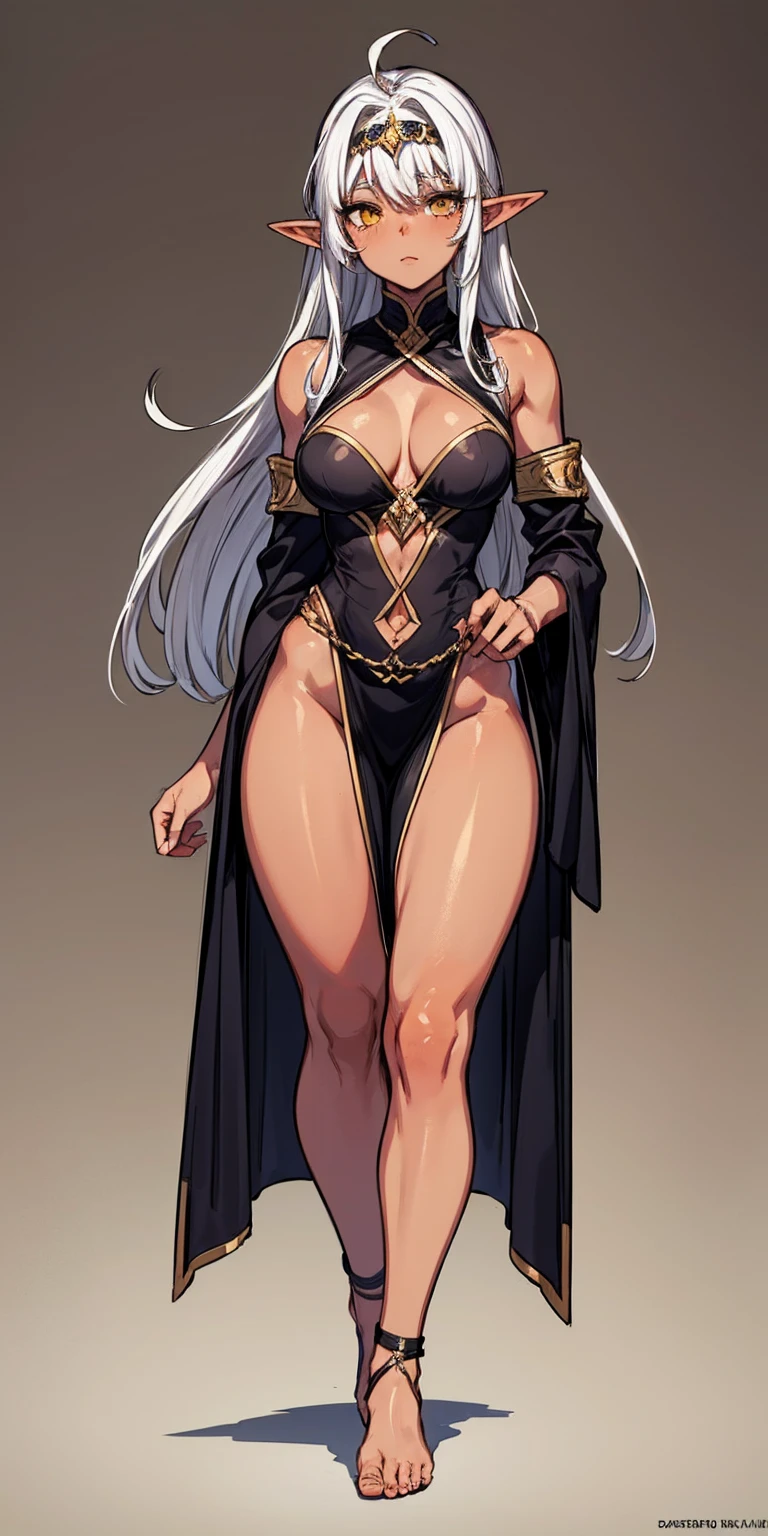 (Masterpiece, plain background:1.2) Female full body, standing straight symmetrical feet together, blood dark elf, dark skin, long messy white hair, 2longs elf ars, circlet, yellow eyes, 1990s (style), female 1sologirl