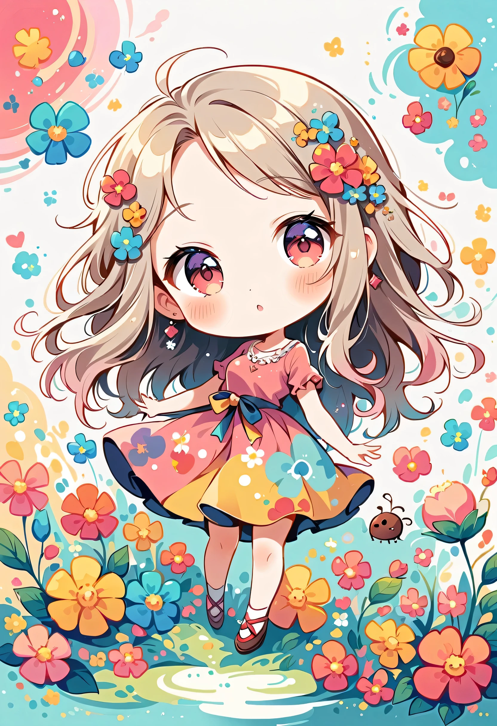 Momoko Sakura style,  (((The most beautiful girl))), (((chibi)))，colorful flowers, Cute and colorful pillbugs、Simple Line Initialism，Abstract art，Urban Background