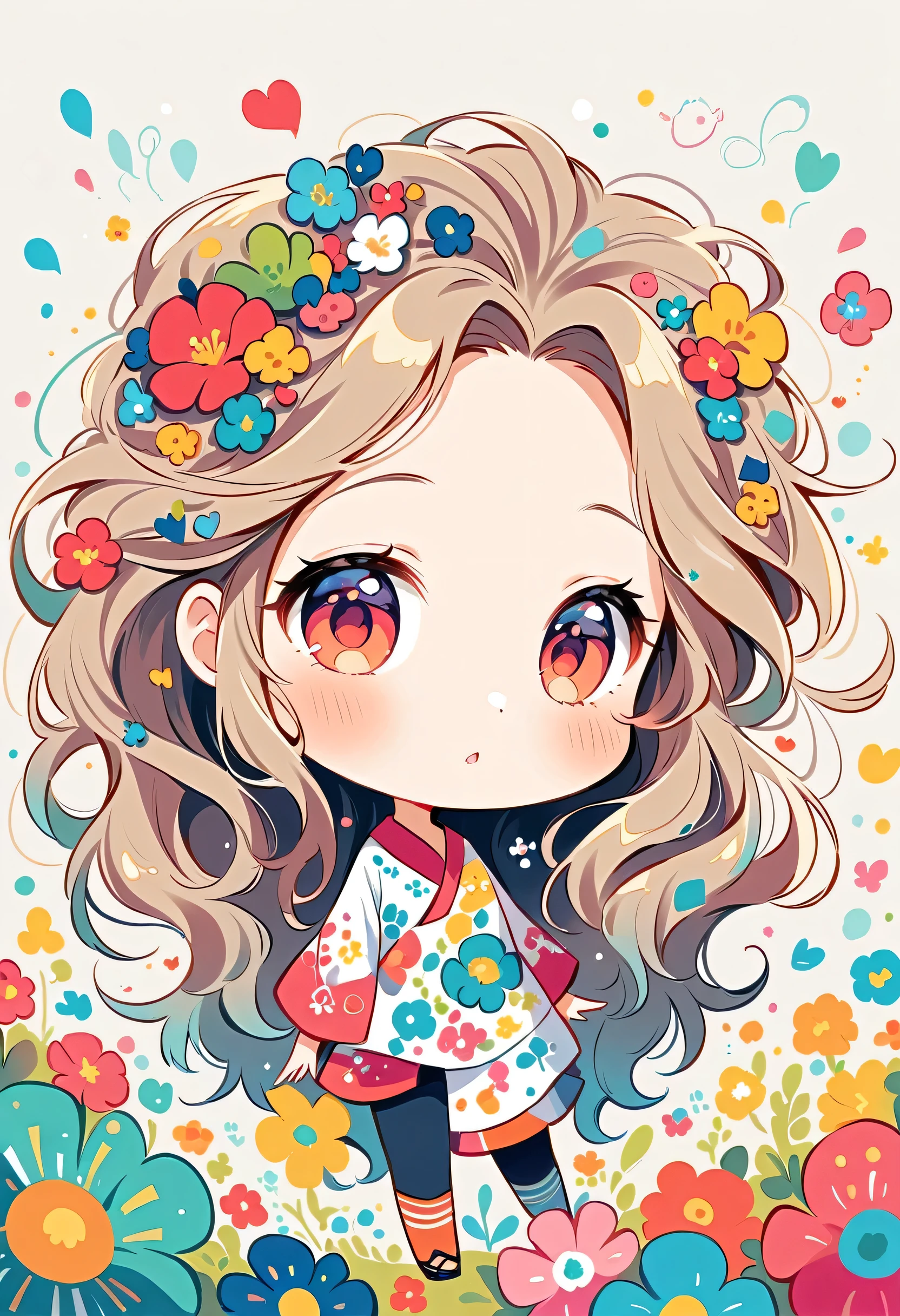 Momoko Sakura style,  (((The most beautiful girl))), (((chibi)))，colorful flowers, Cute and colorful pillbugs、Simple Line Initialism，Abstract art，Urban Background