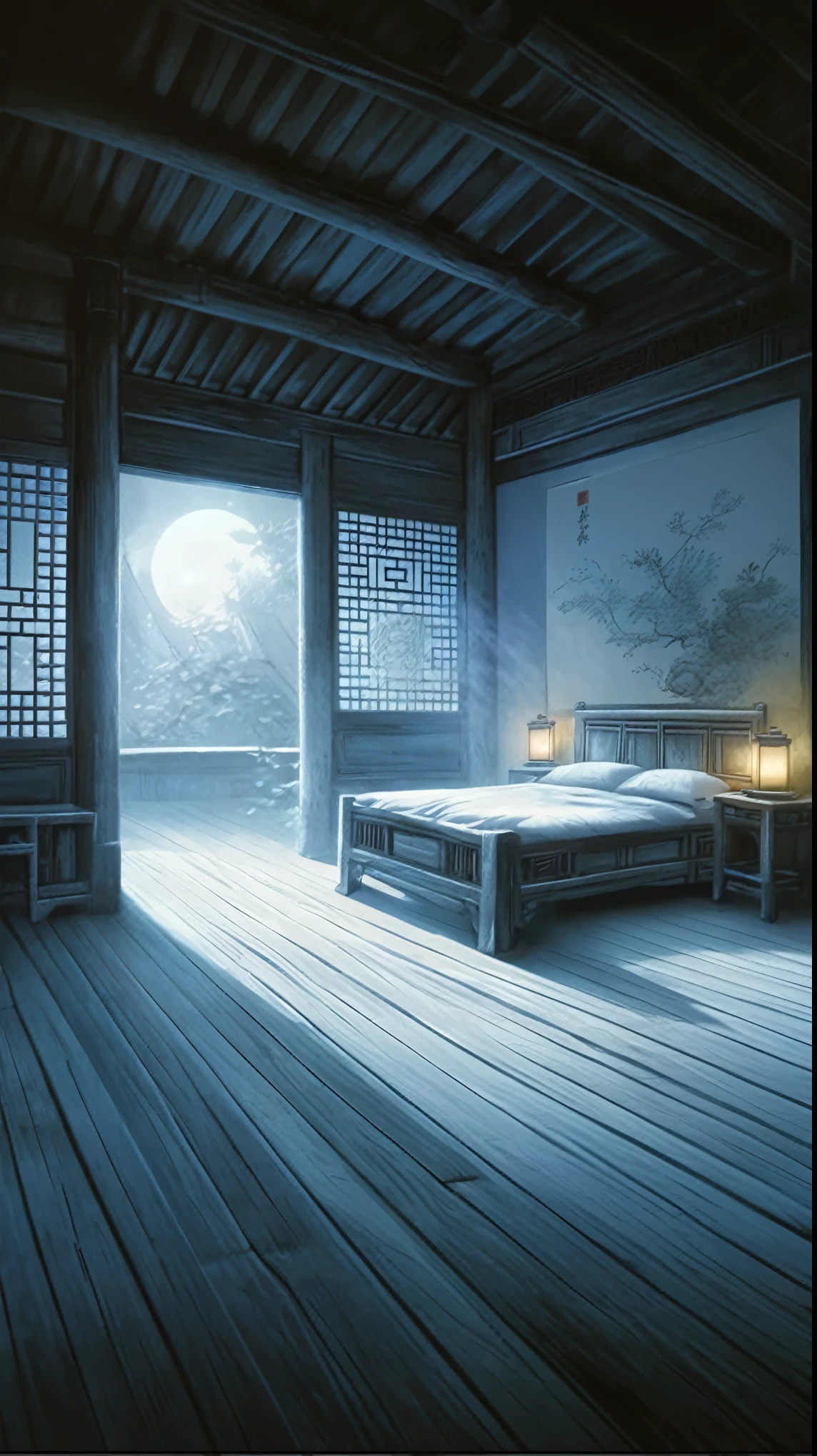 a detailed chinese antique bedroom at night, a wooden bed in the center, moonlight shining through the window illuminating the bed and floor, chinese interior, detailed wood textures, intricate patterns, warm lighting, cinematic composition, high quality, photorealistic, 8k