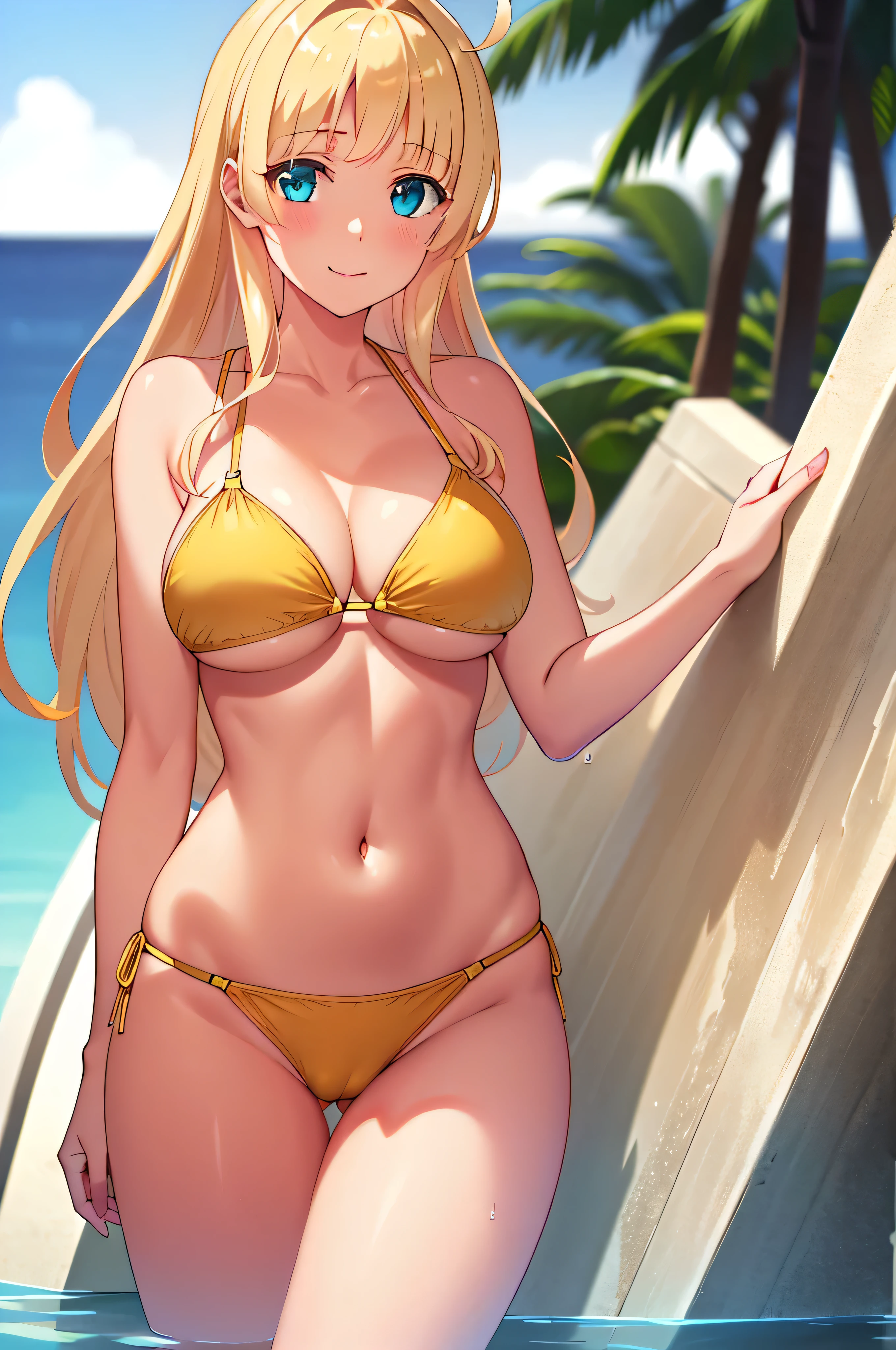 best quality, masterpiece, detailed,
AsiaArgento,
1girl, closed mouth, smile, blush,
blonde hair, long hair, parted bangs, ahoge, green eyes,
RAW photo, (high detailed skin:1.2), 8k uhd, dslr, high quality, ((blue eye)) , bare shoulders, masterpiece, HDR, UHD, 4K, ocean, island, outdoors, bright sky, sunny, clear sky, in water, wet, yellow bikini, small bikini, string bikini, two piece bikini, thong panties, big breasts, yellow thong, cleavage, slim waist, slim stomach, slim, underboob, nice thighs, nice ass, big ass, cameltoe, full frame, body in frame, 