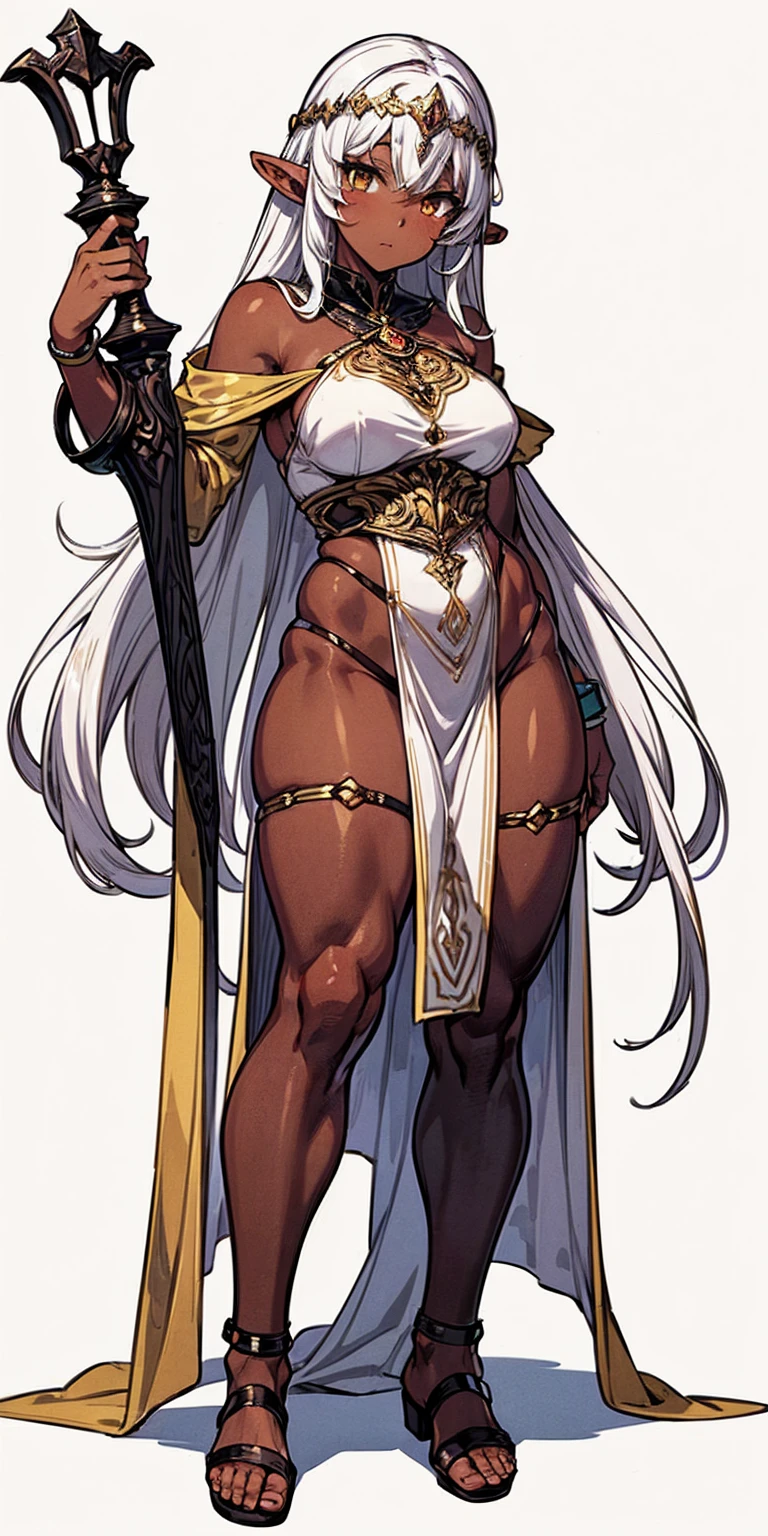 (Masterpiece, plain background:1.2) Female full body, standing straight symmetrical feet together, blood dark elf, dark skin, long messy white hair, 2longs elf ars, circlet, yellow eyes, 1990s (style), female 1sologirl