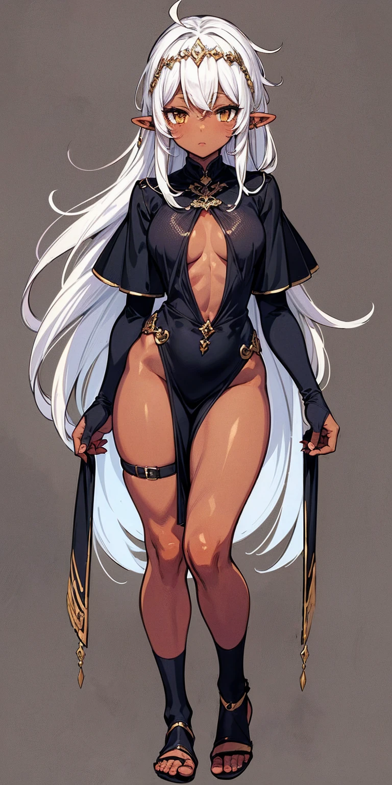 (Masterpiece, plain background:1.2) Female full body, standing straight symmetrical feet together, blood dark elf, dark skin, long messy white hair, 2longs elf ars, circlet, yellow eyes, 1990s (style), female 1sologirl