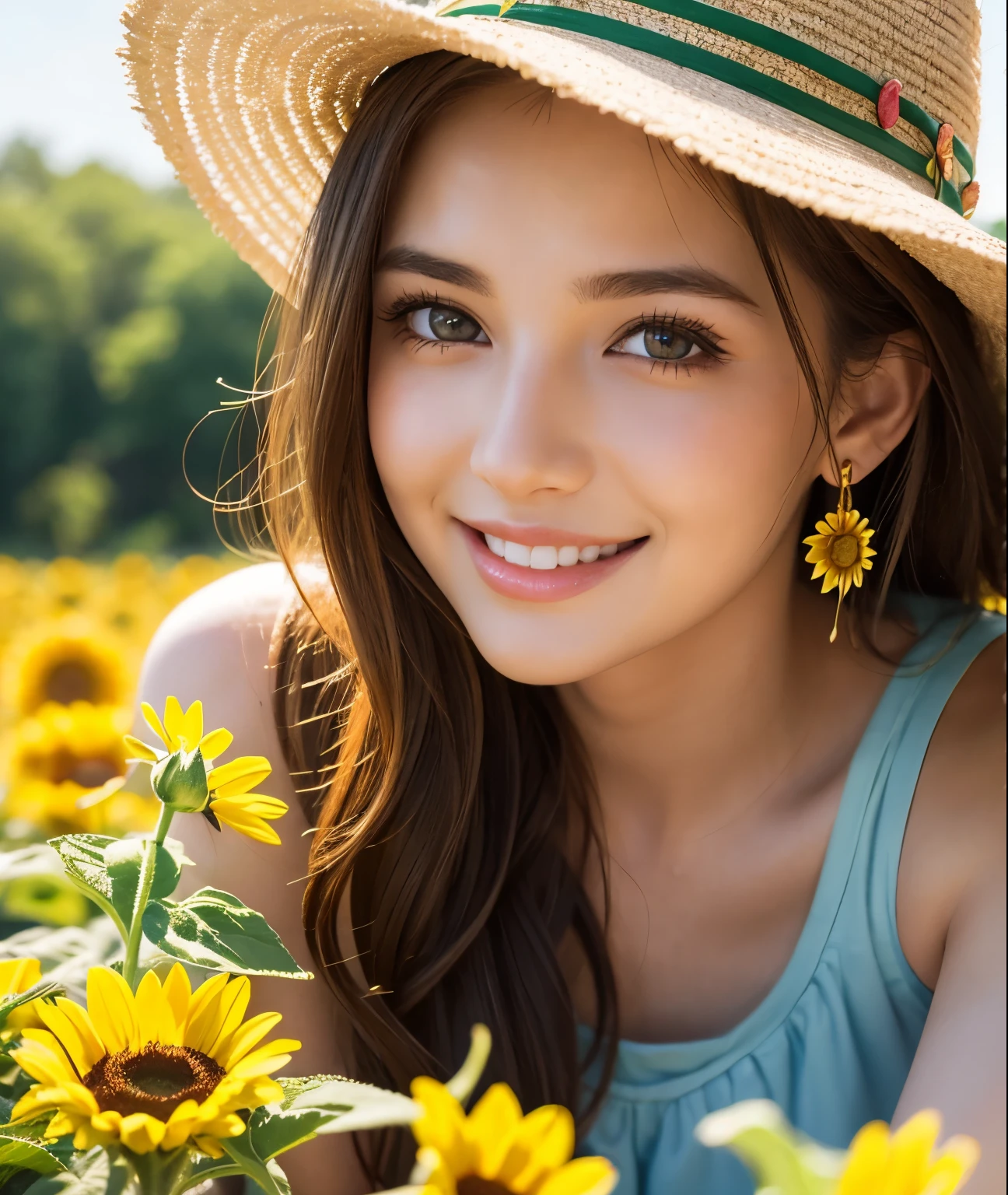 Girl with a bright smile like a sunflower on a summer day, beautiful detailed eyes, dense eyes, realistic skin, beautiful detailed lips, highly detailed eyes and face, long eyelashes, long shot, full body depiction , portrait, sunflower field, natural light, warm colors, photorealistic, 8k, super detailed, highly detailed, masterpiece, vibrant colors, striking pose, beautiful landscape, lush greenery, depth of field, golden Hours, bright colors, neat clothes