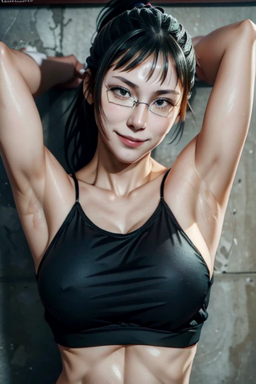 seductive smile, masterpiece, maki zenin, jujutsu kaisen, young girl,wearing croptop, armpits, armpits visible, wearing glasses, ponytail