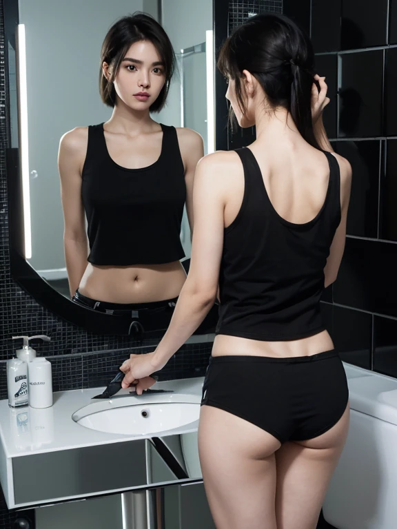 (​masterpiece:1.3), (8K, Photorealsitic, Raw photography, top-quality: 1.2), (photo taken from behind),  (reflection in the mirror: 1.5), (1girl in), (slim figure:1.2), enigmatic beauty, stunning face, beautiful countenance, (Lifelike face), Black hair, short hair, short cut hairstyle, show forehead hairstyle, messy hairstyle, realisticeyes, beautiful detail, (real looking skin), Beautiful skins, enticing, The ultra -The high-definition, A hyper-realistic, ighly detailed, (beautiful legs with perfect figure: 1.0). (Looking at mirror:1.3), upper body leaning toward the mirror, (She is cutting her hair while looking at the mirror: 1.5), (she is trimming off her hair with scissors: 1.5), 1regular mirror, reflection in the mirror. (Black tank-top: 1.4), (Black boxer: 1.4). Background: (Bathroom: 1.5), (Black tiles wall: 1.3), (dimming: 1.4), dim-lightening