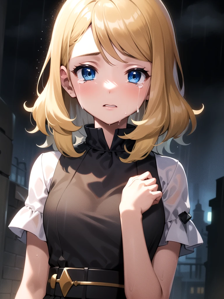 gonzarez, masterpiece, Serenaj, 1girl,l solo,
blue eyes, blonde hair, medium hair, crying, outside, rain, wet in rain, tears,