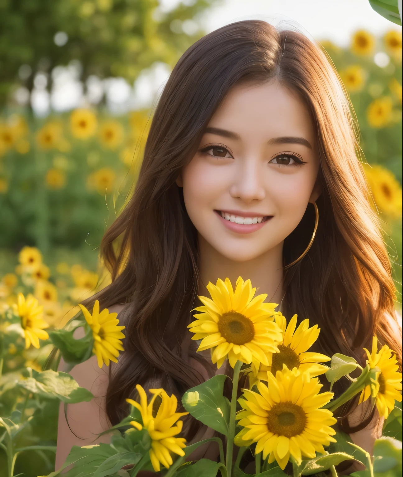 runway、brilliant sunlight、bokeh effects、flower bouquet、Sophisticated makeup、Colorful landscapes、Soft light:0.9、Oil on canva、Happiness、women's confidence、beautiful smiling face、Big eyes、Beautiful lips、take photos instantly、The wind makes your hair flutter、Natural look、A shadowy depiction、Realistic and beautiful illustrations。