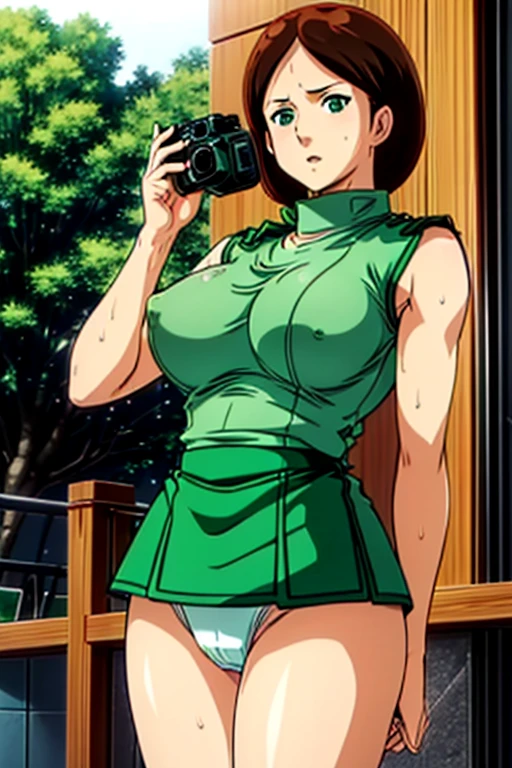 Browsing Caution,(Best image quality,highest quality,Highest Resolution, Ultra-Realistic Images,Very detailed,masterpiece,16k),(Single-lens reflex camera), (35mm lens focal length),(Actual Photos,Written boundary depth),(A lively female figure,Emma Sheen),Brown Medium Bob,((Big Breasts)),Erect nipples,(Wearing a green top and a green tight skirt、Show off white underwear:1.2),In a dynamic pose,Low - Angle,(((Sticky with sweat))),At home with sunlight filtering through the trees、Browsing Caution