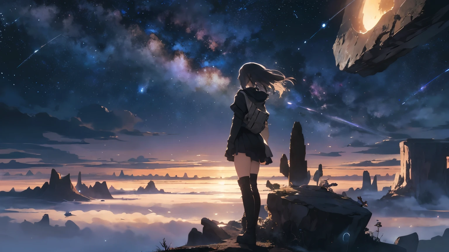 Imagine a widescreen vista set in the vast expanse of space, inspired by NieR: Replicant. The beauty of the cosmos stretches out before you, with stars shimmering against the dark void and distant planets adding to the mystique. In the foreground, though not the central focus, stands a young girl wearing knee-high boots. She is small in the grand scheme of the scene, her figure almost blending into the rocky terrain of a small asteroid and the towering remnants of a once-mighty spaceship.
Her presence adds a sense of scale to the expansive backdrop, where the remnants of human civilization merge seamlessly with the boundless embrace of space. The girl stands with quiet determination, her boots planted firmly on the uneven ground, gazing into the distance as if contemplating the infinite possibilities ahead.
This widescreen scene emphasizes the untamed majesty of a world reborn in the infinite canvas of the universe, capturing the essence of resilience and renewal, where the innocence of youth intersects with the grandeur of the cosmos