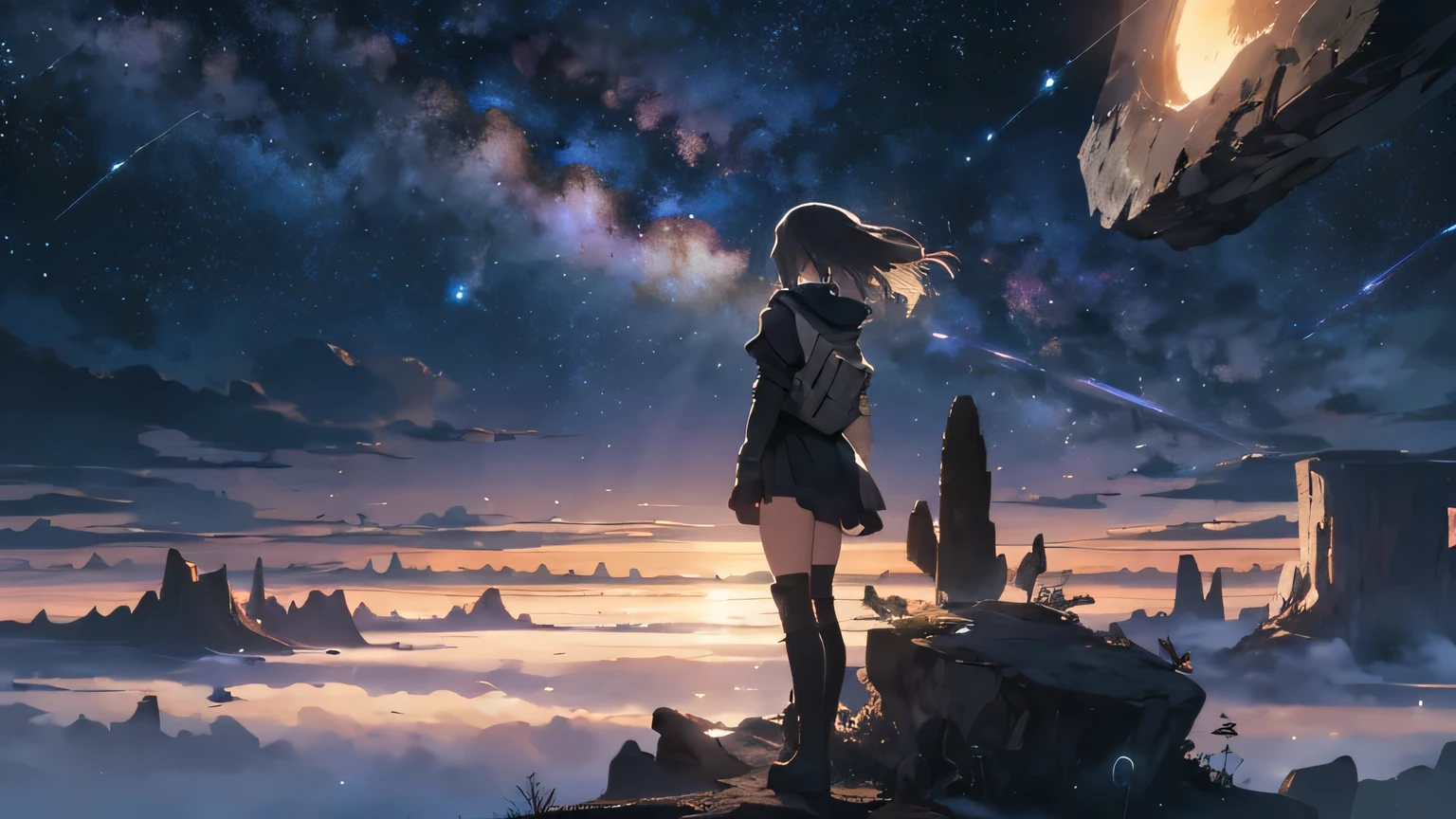 Imagine a widescreen vista set in the vast expanse of space, inspired by NieR: Replicant. The beauty of the cosmos stretches out before you, with stars shimmering against the dark void and distant planets adding to the mystique. In the foreground, though not the central focus, stands a young girl wearing knee-high boots. She is small in the grand scheme of the scene, her figure almost blending into the rocky terrain of a small asteroid and the towering remnants of a once-mighty spaceship.
Her presence adds a sense of scale to the expansive backdrop, where the remnants of human civilization merge seamlessly with the boundless embrace of space. The girl stands with quiet determination, her boots planted firmly on the uneven ground, gazing into the distance as if contemplating the infinite possibilities ahead.
This widescreen scene emphasizes the untamed majesty of a world reborn in the infinite canvas of the universe, capturing the essence of resilience and renewal, where the innocence of youth intersects with the grandeur of the cosmos