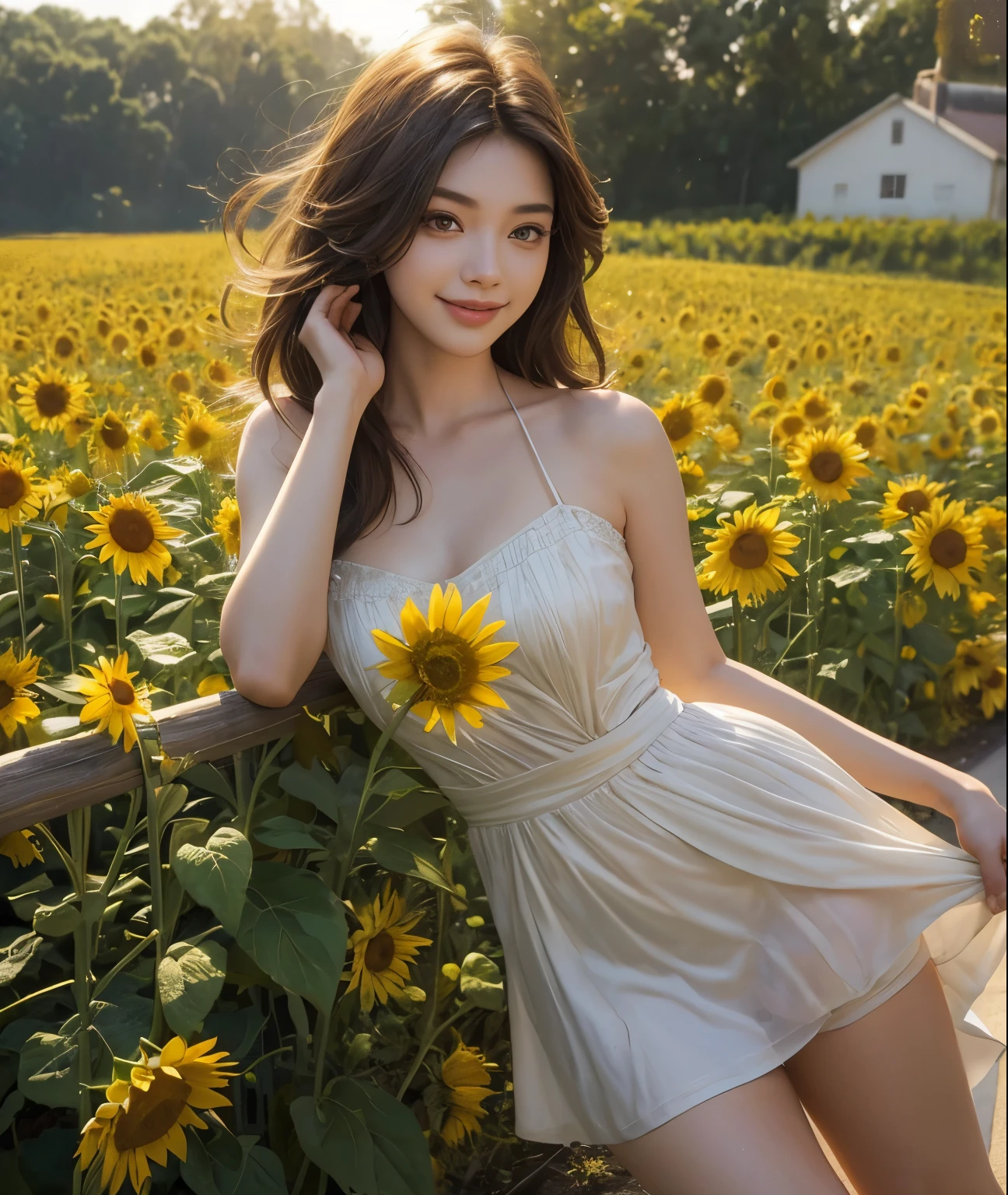 ((masterpiece, best quality, ultra-detailed, ultra HD, photorealistic, cinematic)), ((medium shot:1.3)), ((sensual pose)), ((alluring female model)), ((perfect anatomy)), ((bursting breasts)), ((proportioned hands, perfect hands)), ((one hand delicately holds a bouquet of fresh sunflowers, while the other rests on her heart)), ((curly, shoulder-length chestnut hair with subtle honey highlights, detailed strings of hair, shiny hair:1.2)), ((dressed in a simple, white sundress))